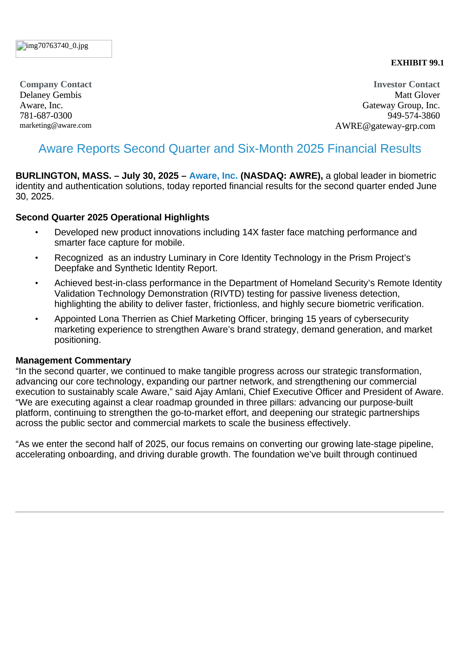 Aware's Q2 2025 Press Release