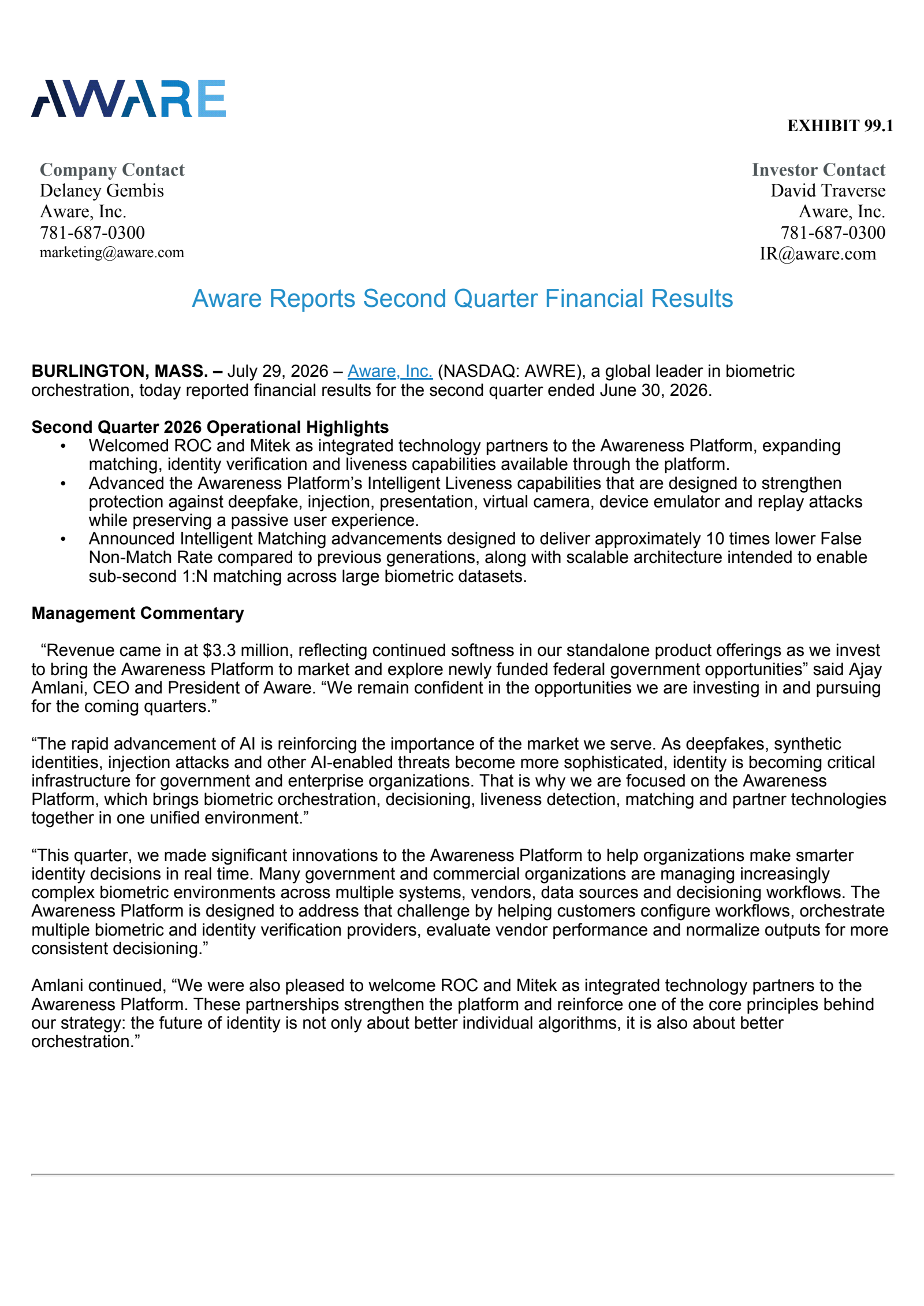 Aware's Q2 2026 Press Release