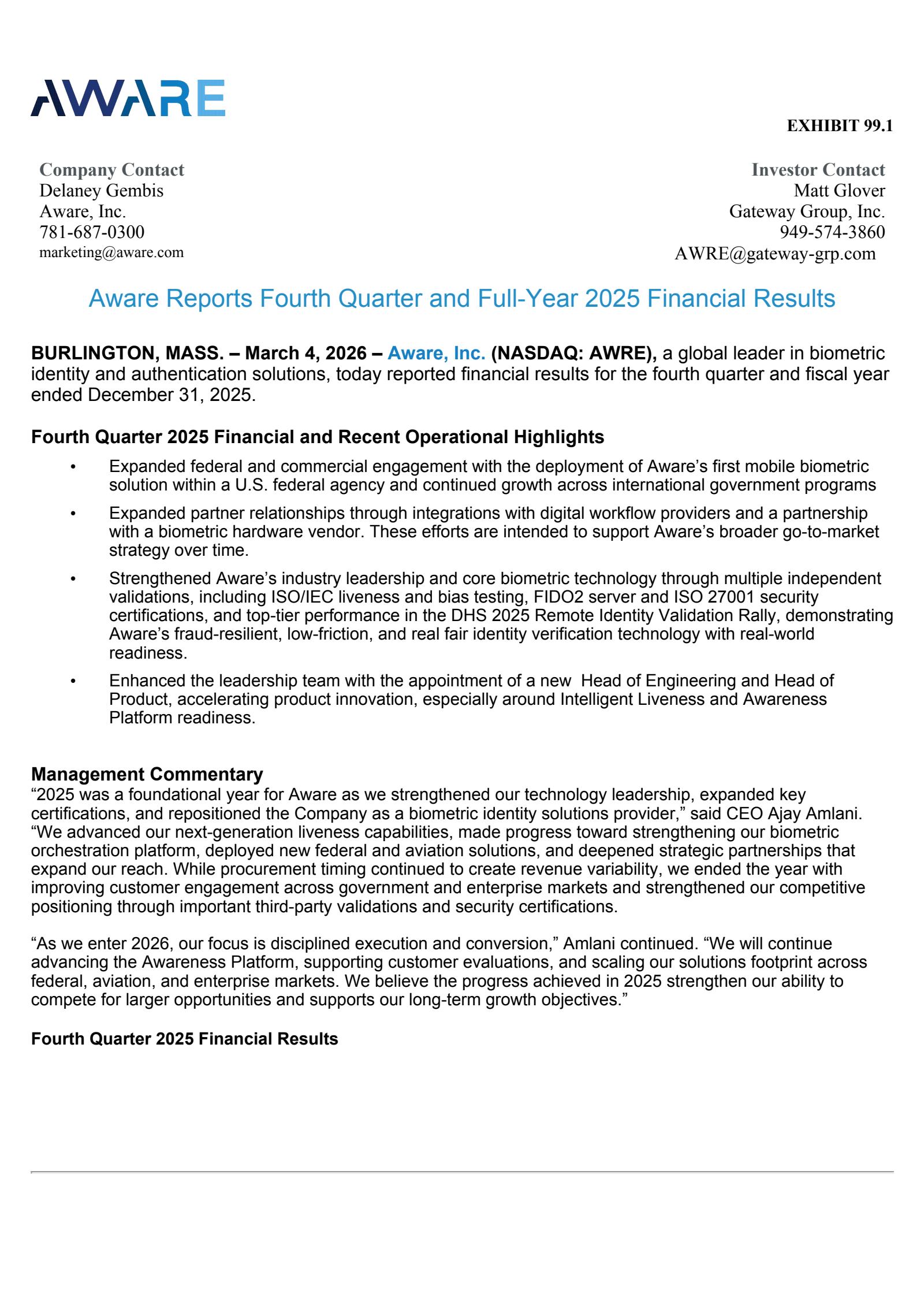 Aware's Q4 2025 Press Release