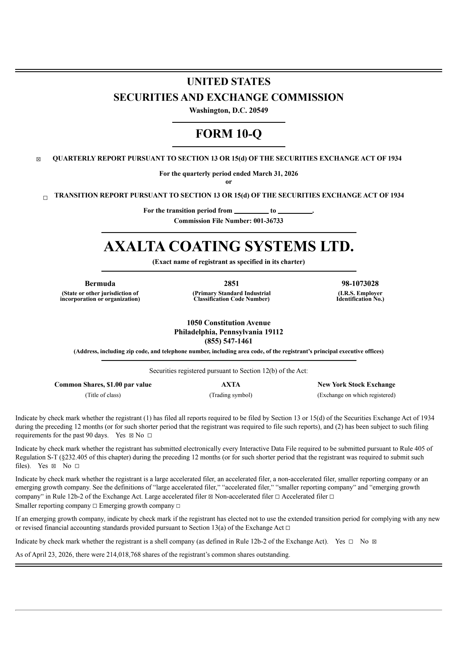 Axalta Coating Systems' Q1 2026 Quarterly report