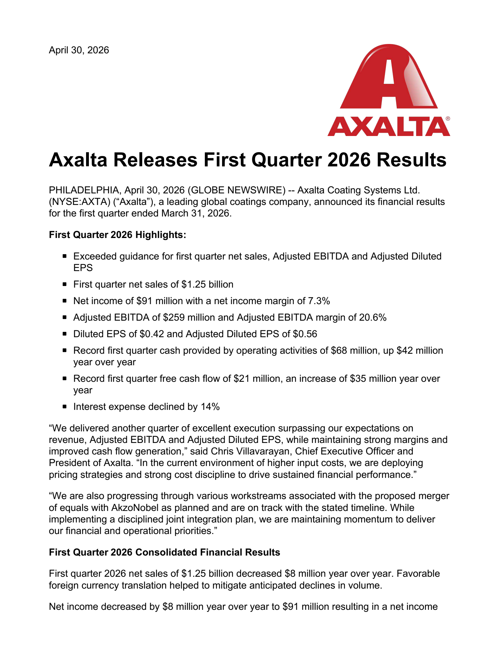 Axalta Coating Systems' Q1 2026 Press Release