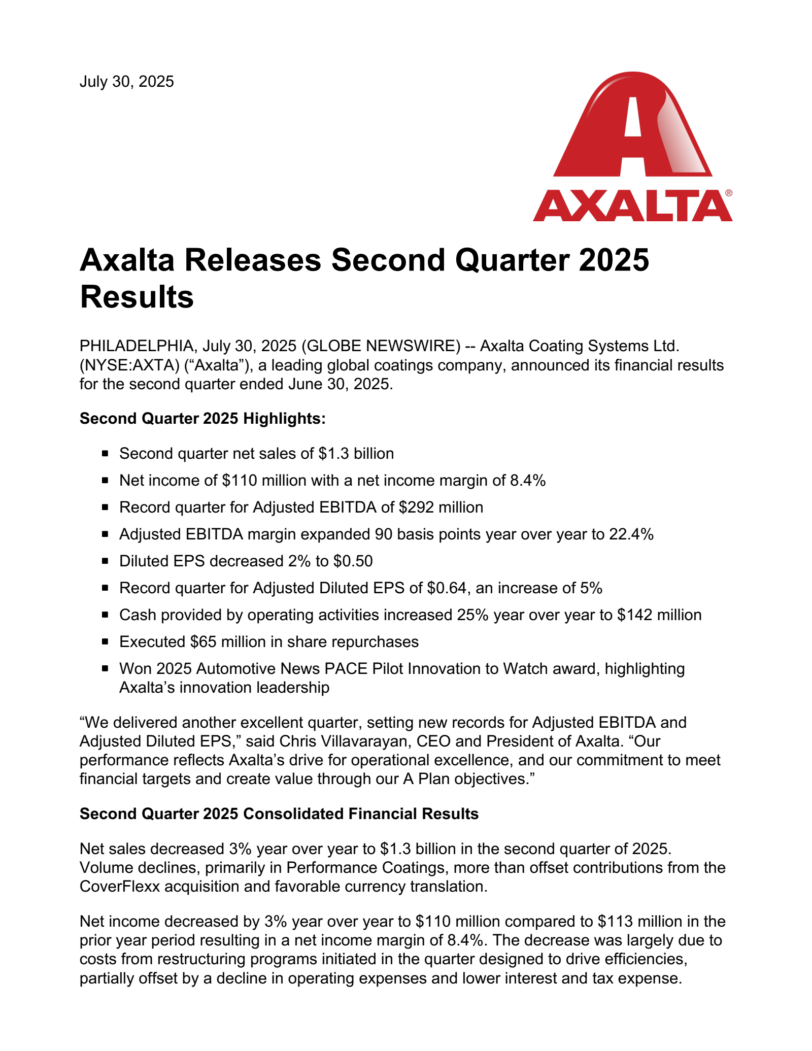 Axalta Coating Systems' Q2 2025 Press Release