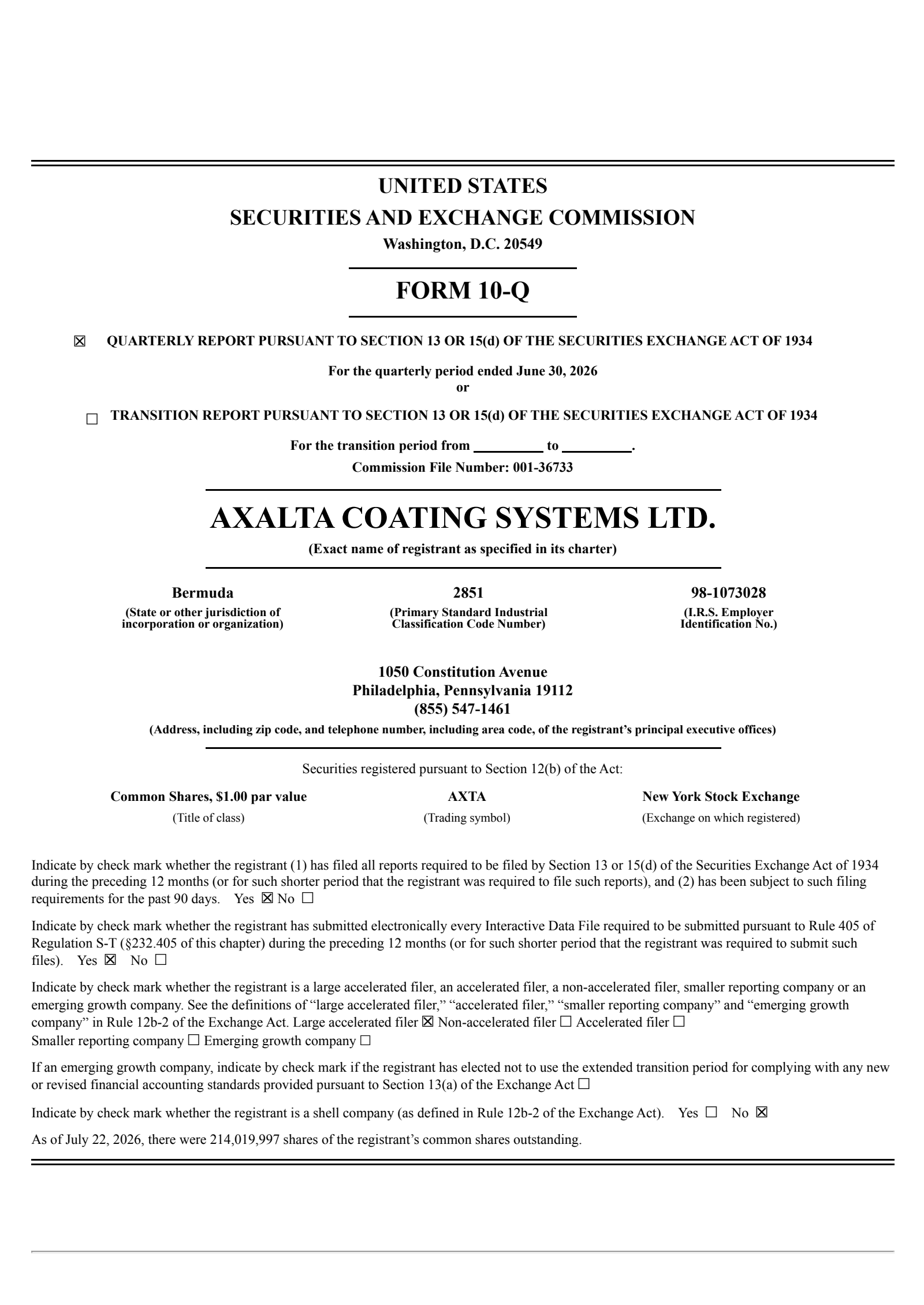 Axalta Coating Systems' Q2 2026 Quarterly report