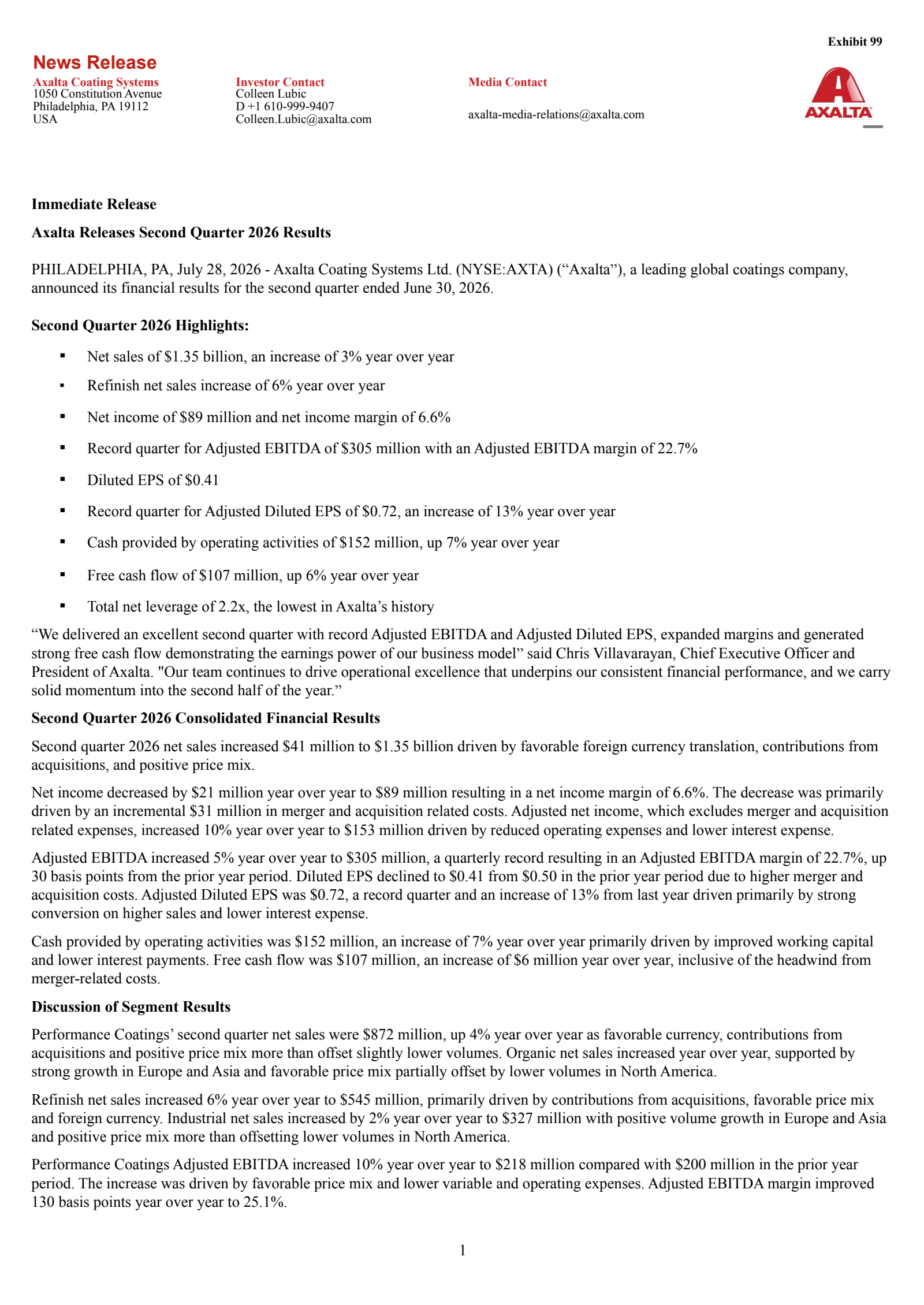 Axalta Coating Systems' Q2 2026 Press Release