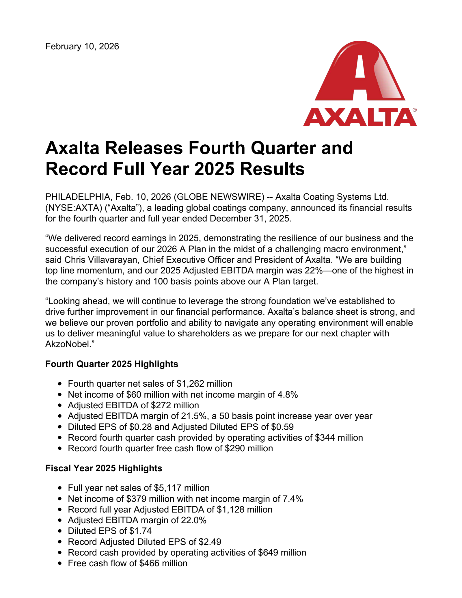 Axalta Coating Systems' Q4 2025 Press Release
