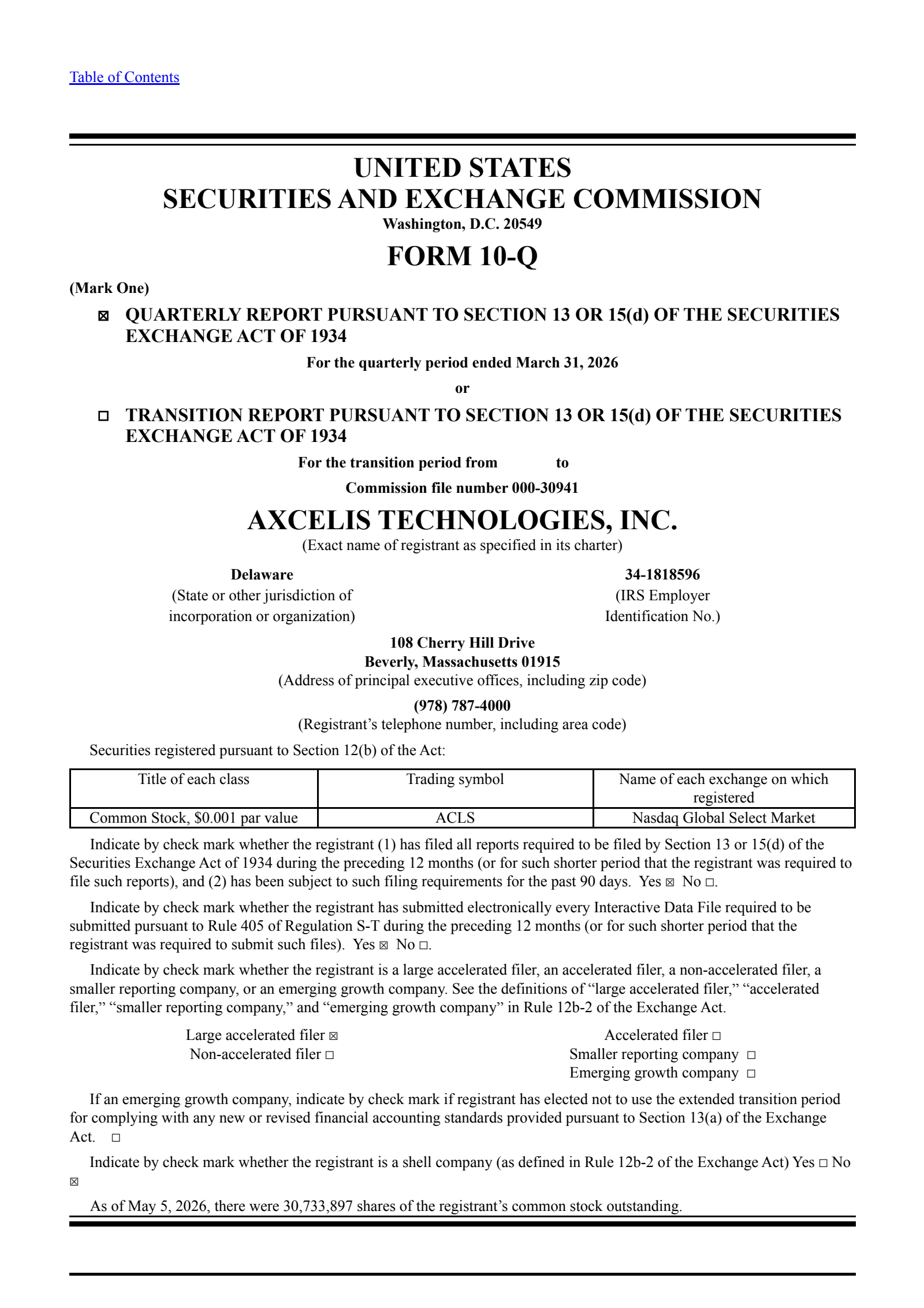 Axcelis Technologies' Q1 2026 Quarterly report