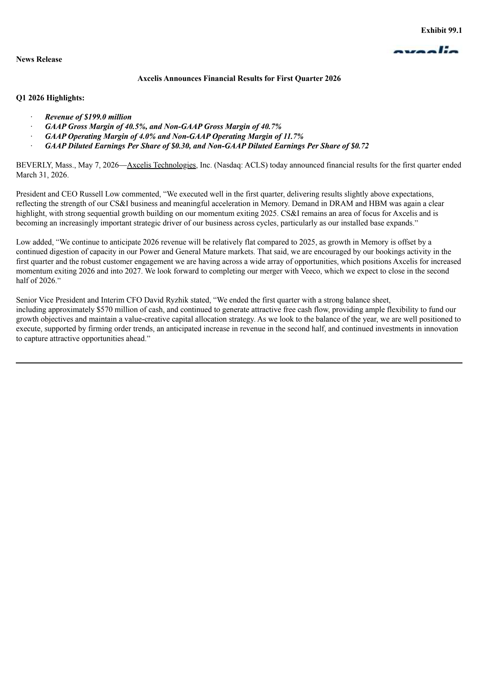 Axcelis Technologies' Q1 2026 Press Release