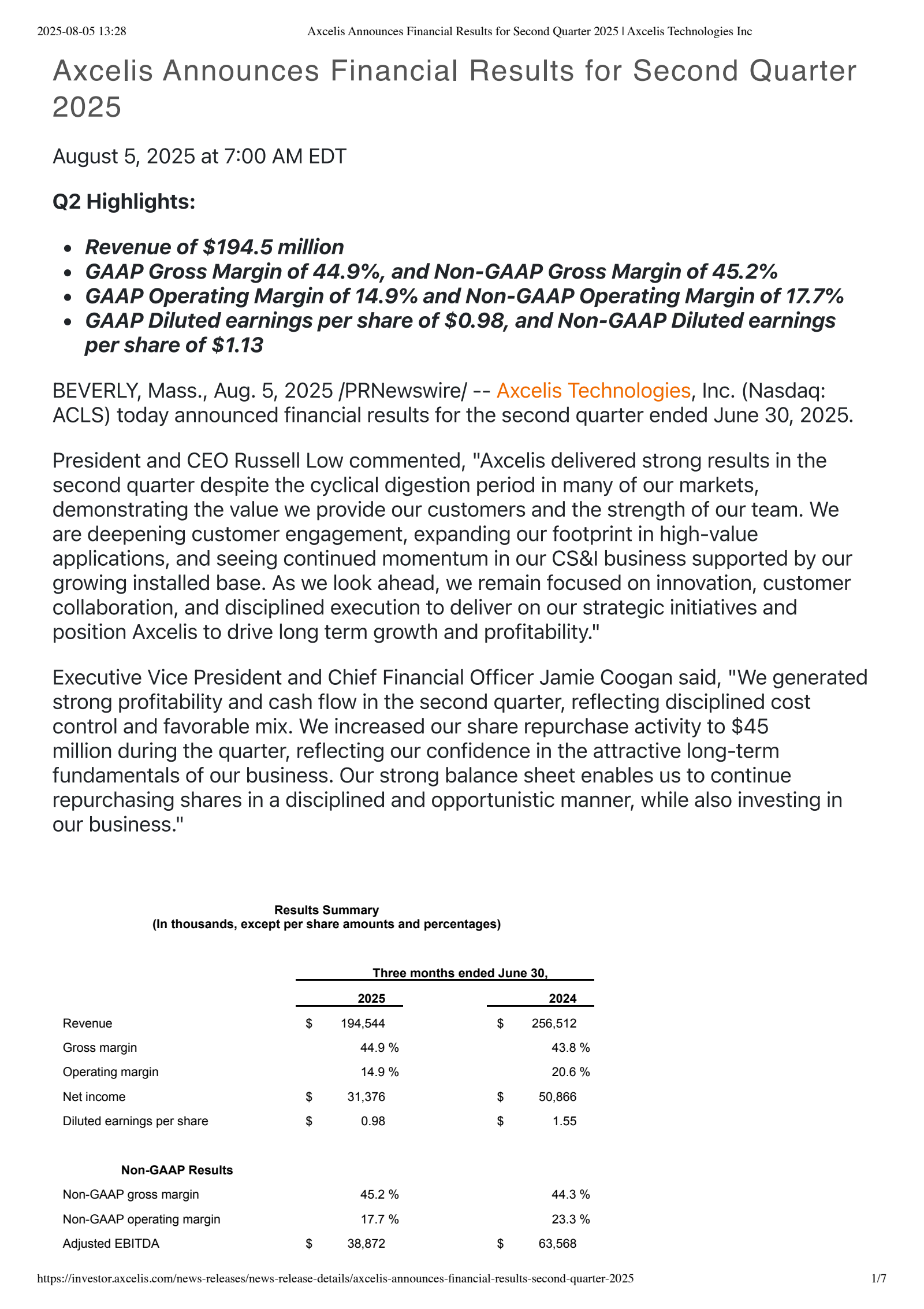 Axcelis Technologies' Q2 2025 Press Release