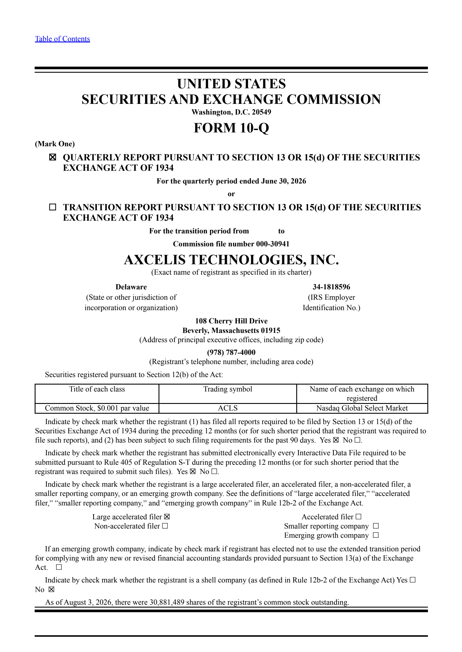 Axcelis Technologies' Q2 2026 Quarterly report
