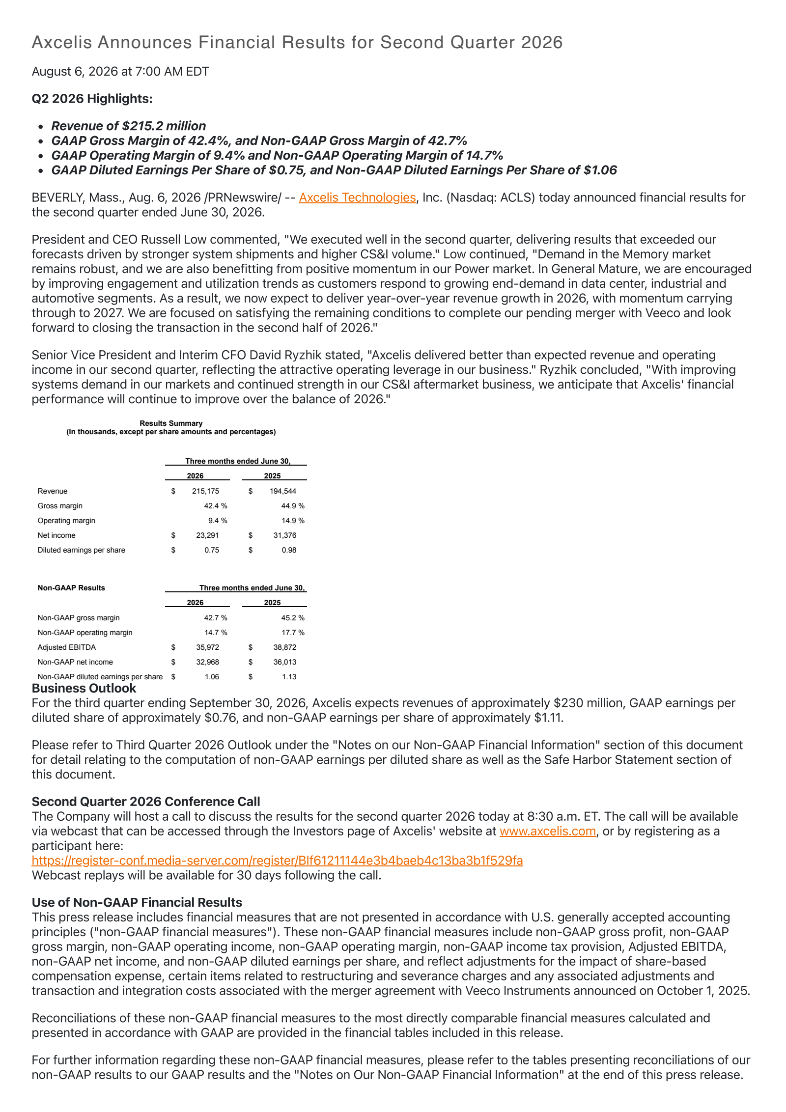 Axcelis Technologies' Q2 2026 Press Release