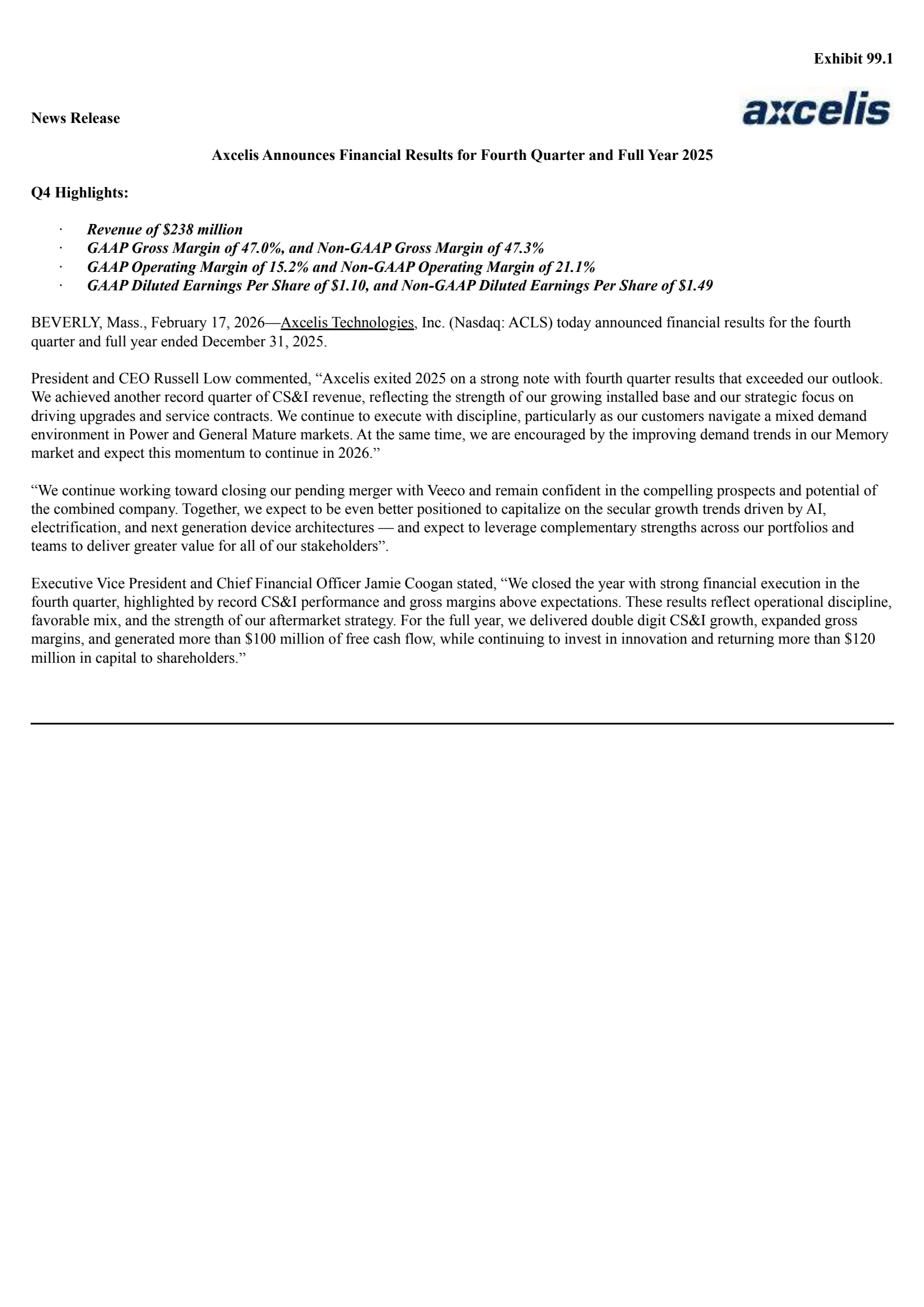 Axcelis Technologies' Q4 2025 Press Release