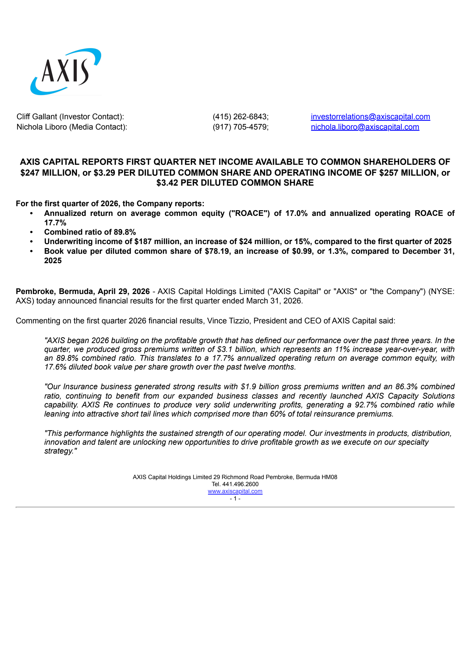 Axis Capital's Q1 2026 Press Release