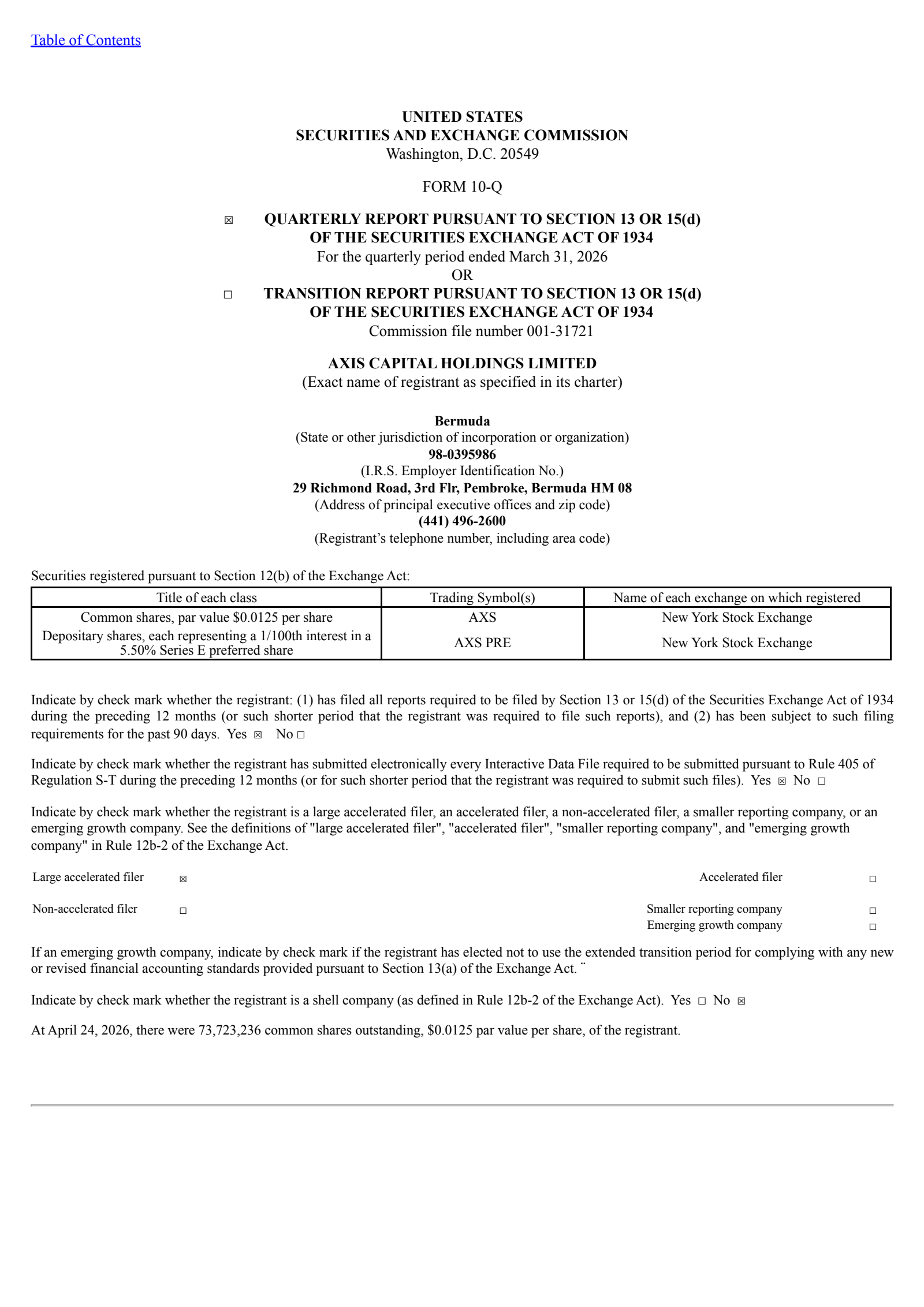Axis Capital's Q1 2026 Quarterly report