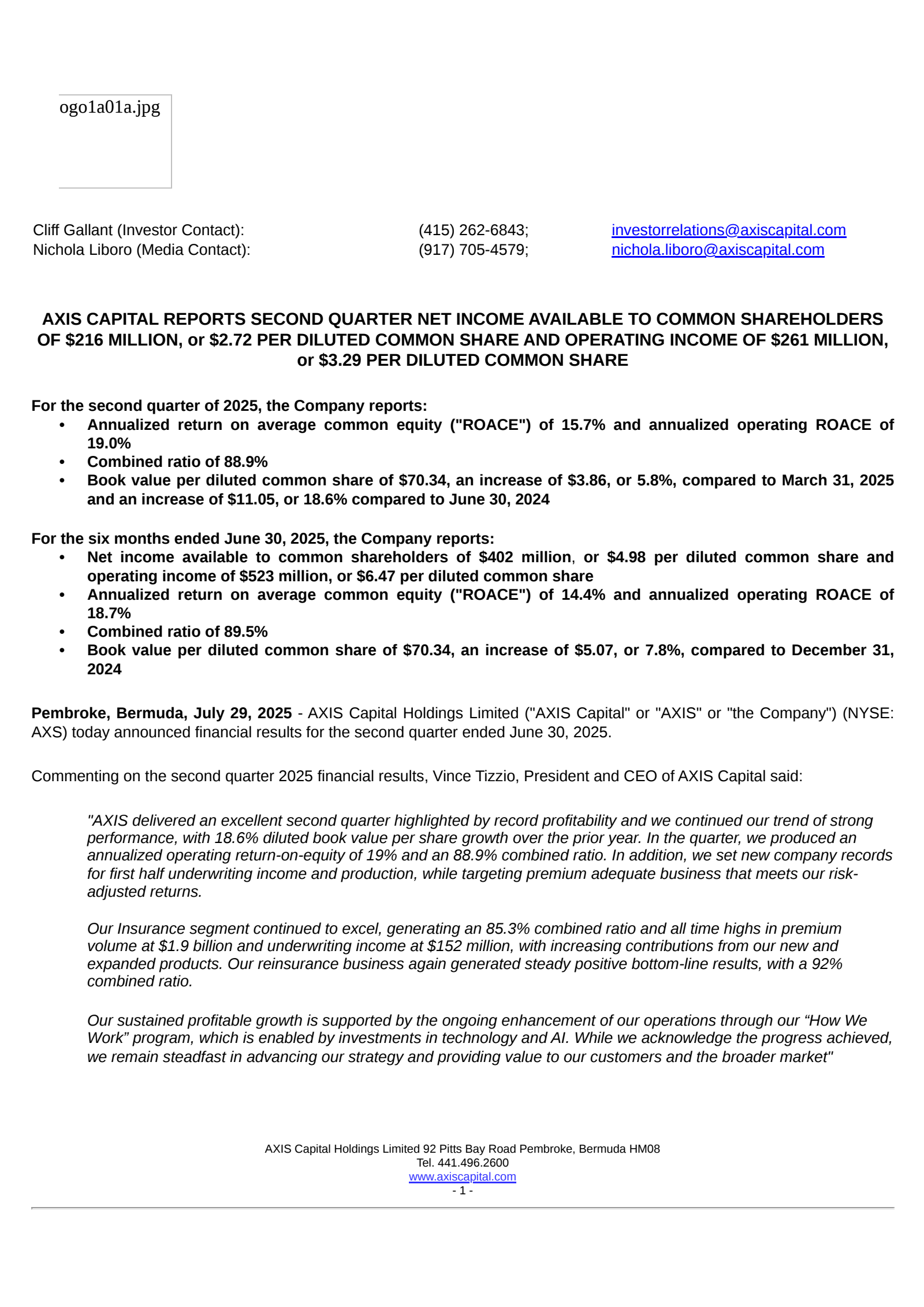 Axis Capital's Q2 2025 Press Release