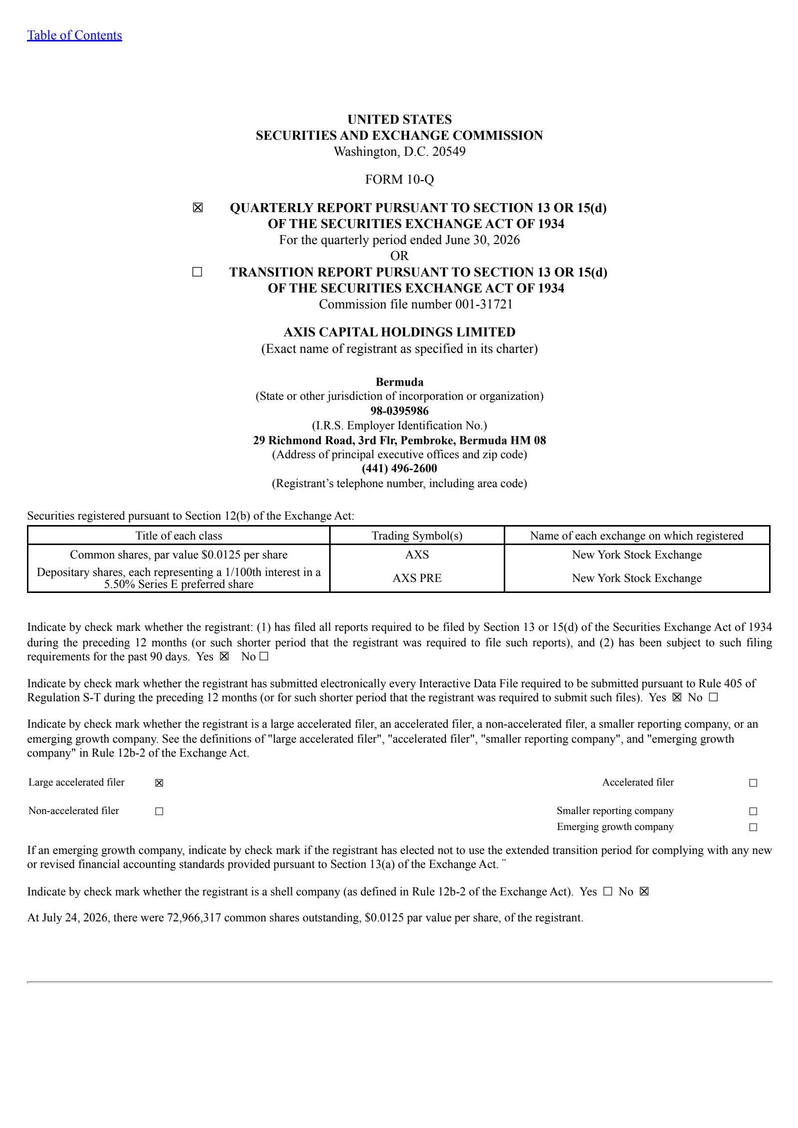Axis Capital's Q2 2026 Quarterly report