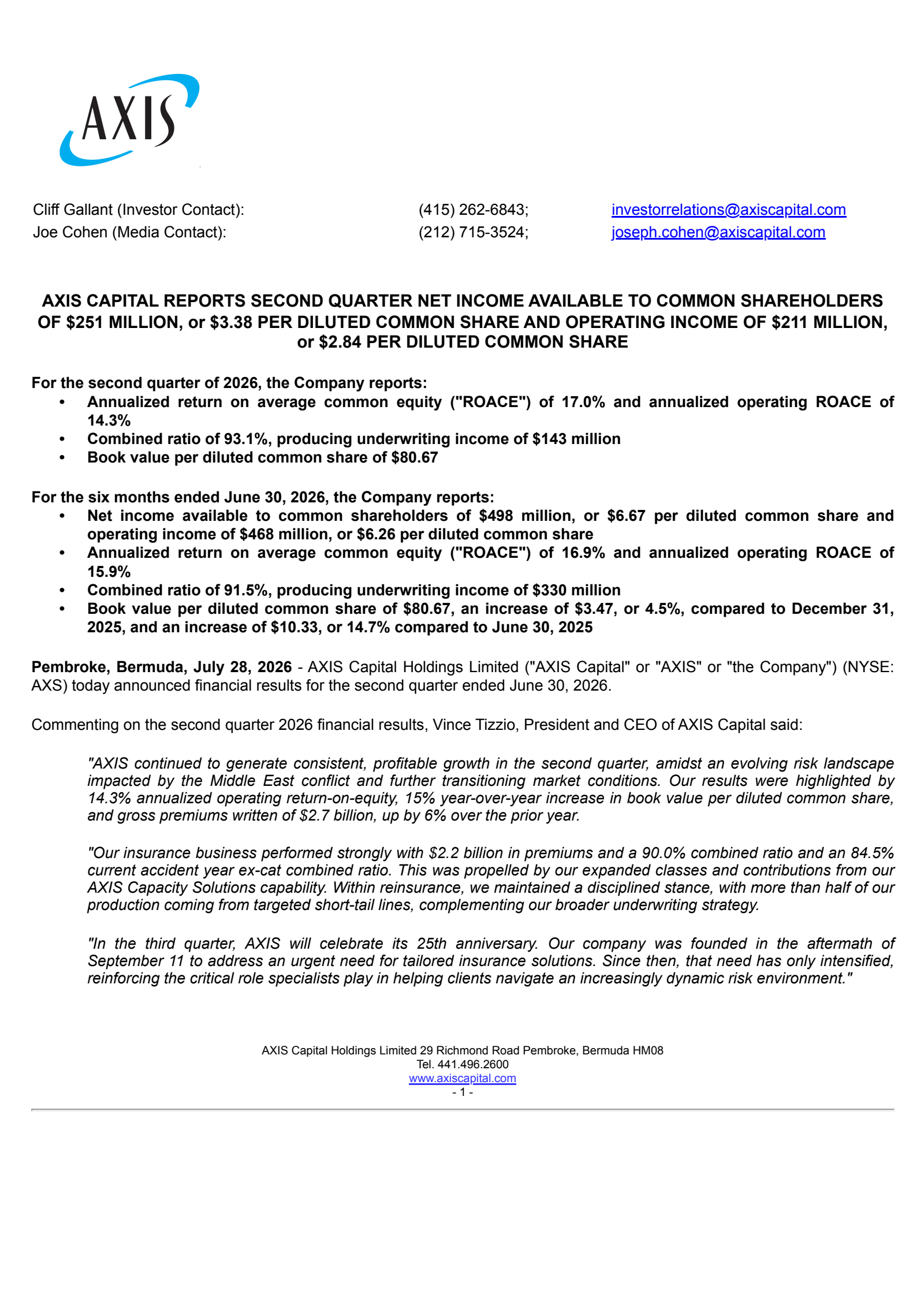 Axis Capital's Q2 2026 Press Release