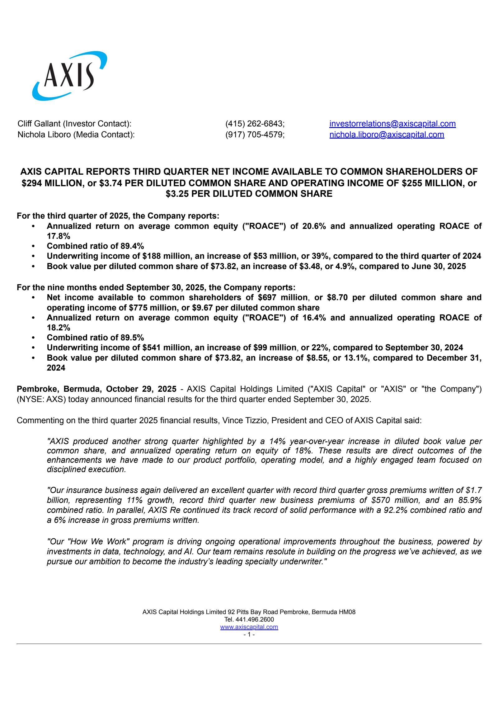 Axis Capital's Q3 2025 Earnings Release