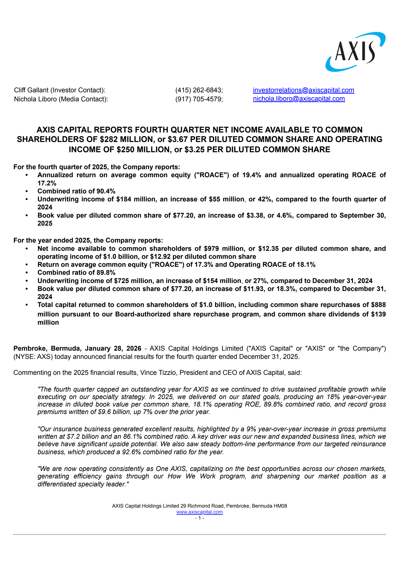 Axis Capital's Q4 2025 Press Release