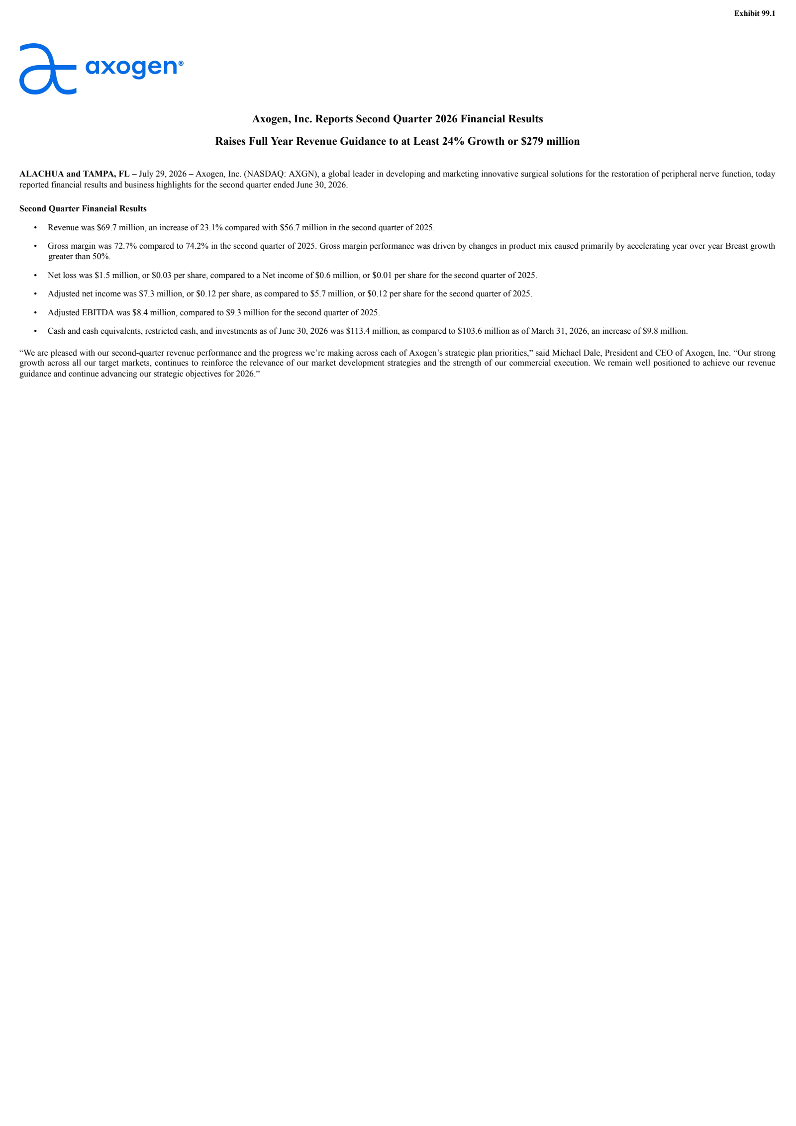 AxoGen's Q2 2026 Press Release