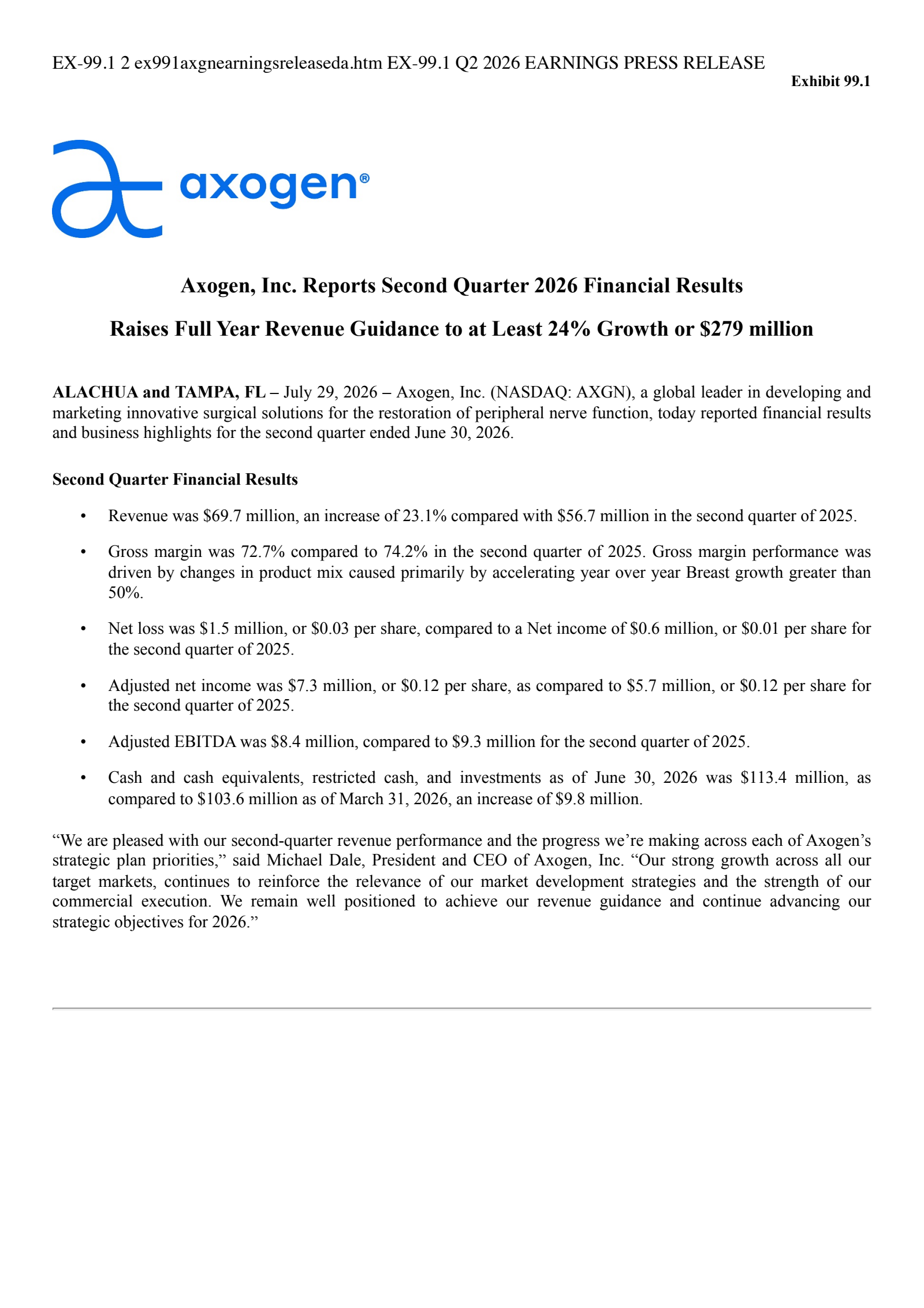 AxoGen's Q2 2026 Press Release