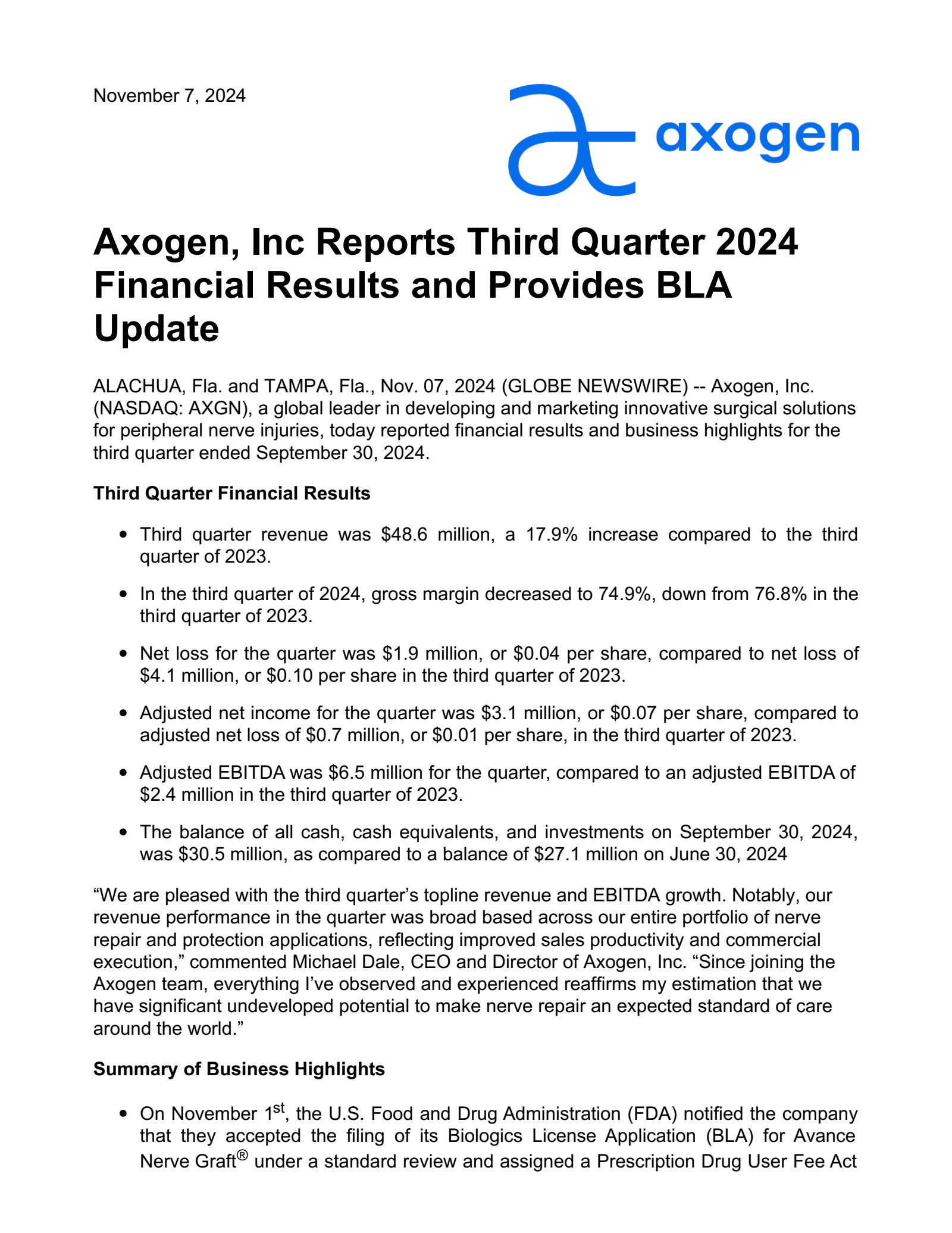 AxoGen's Q3 2024 Press Release