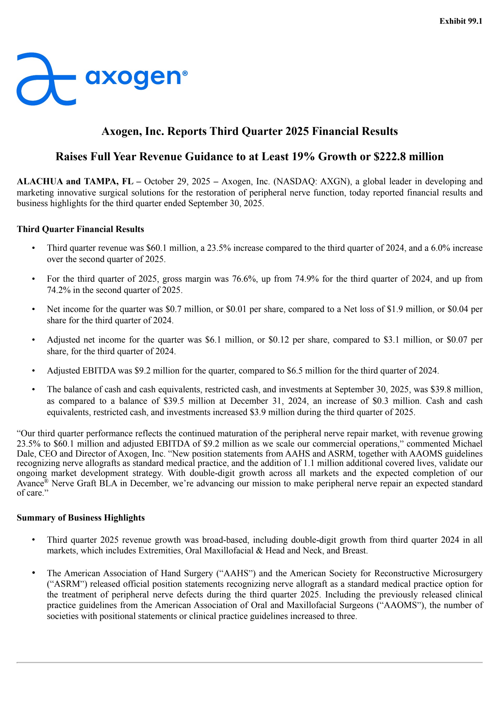AxoGen's Q3 2025 Earnings Release