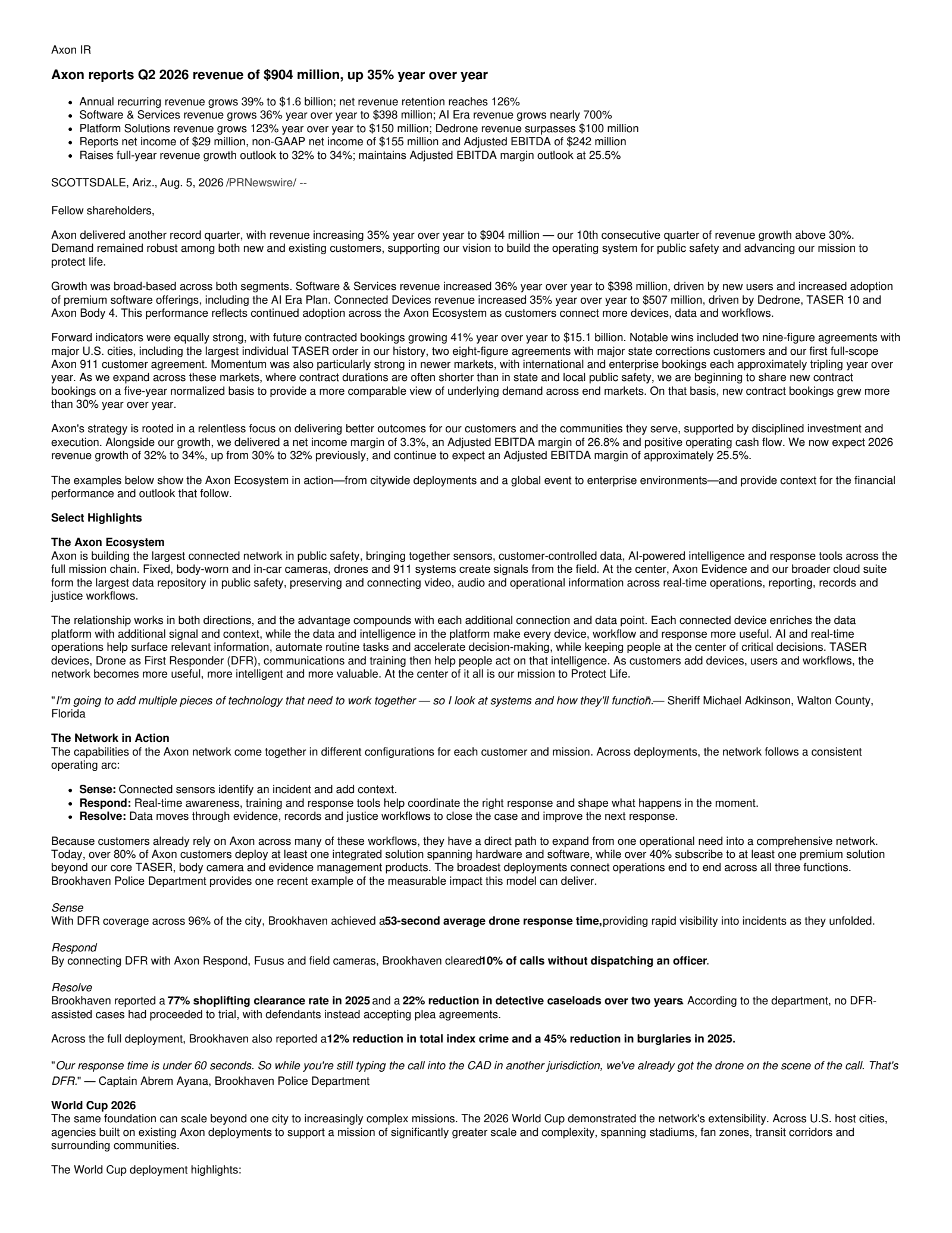 Axon Enterprise's Q2 2026 Press Release