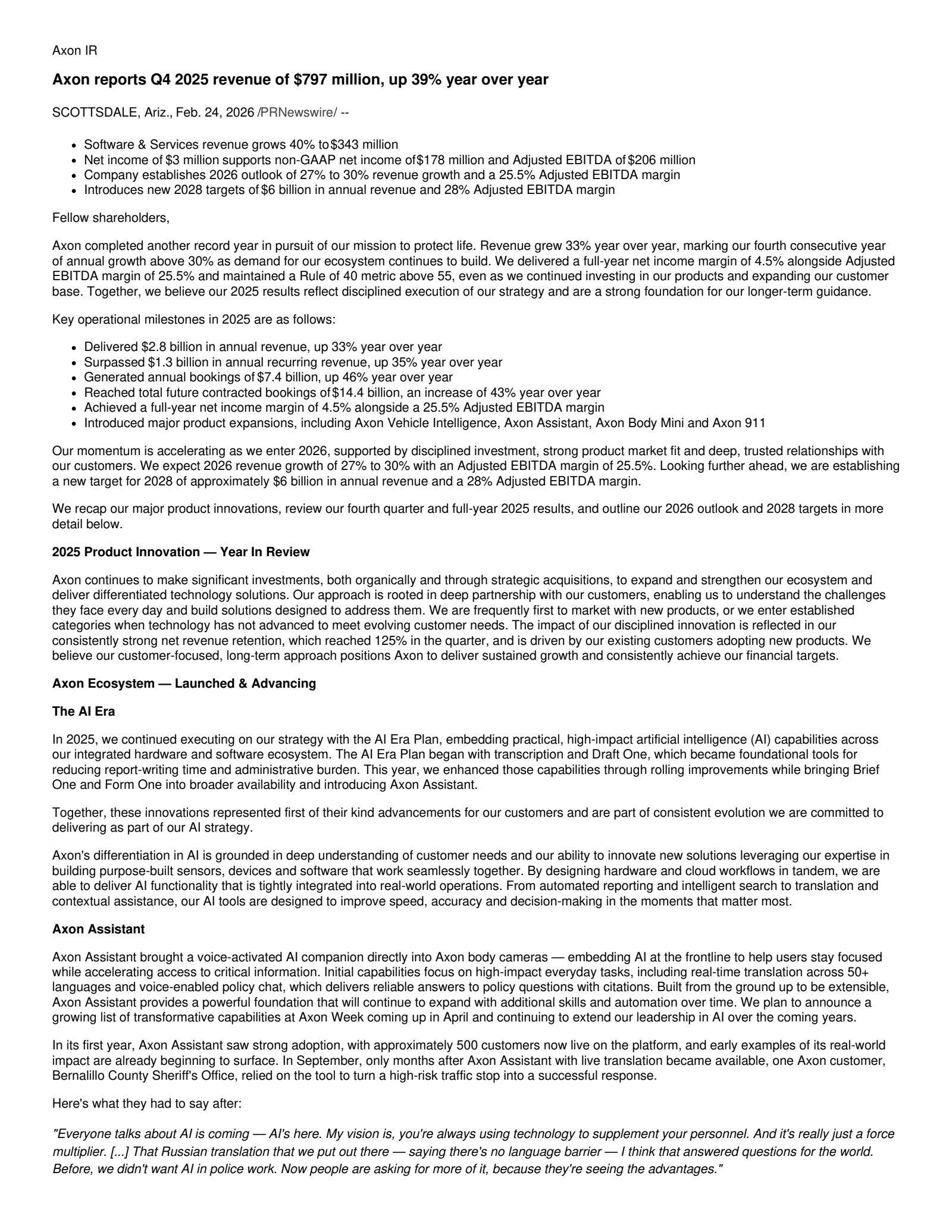 Axon Enterprise's Q4 2025 Press Release