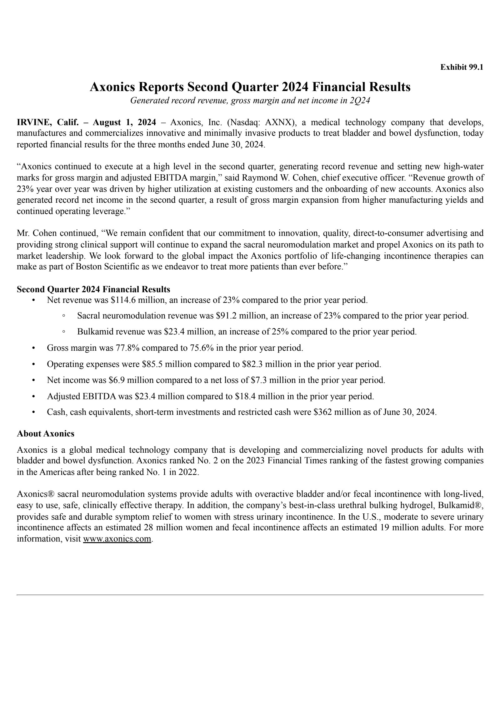 Axonics' Q2 2024 Press Release