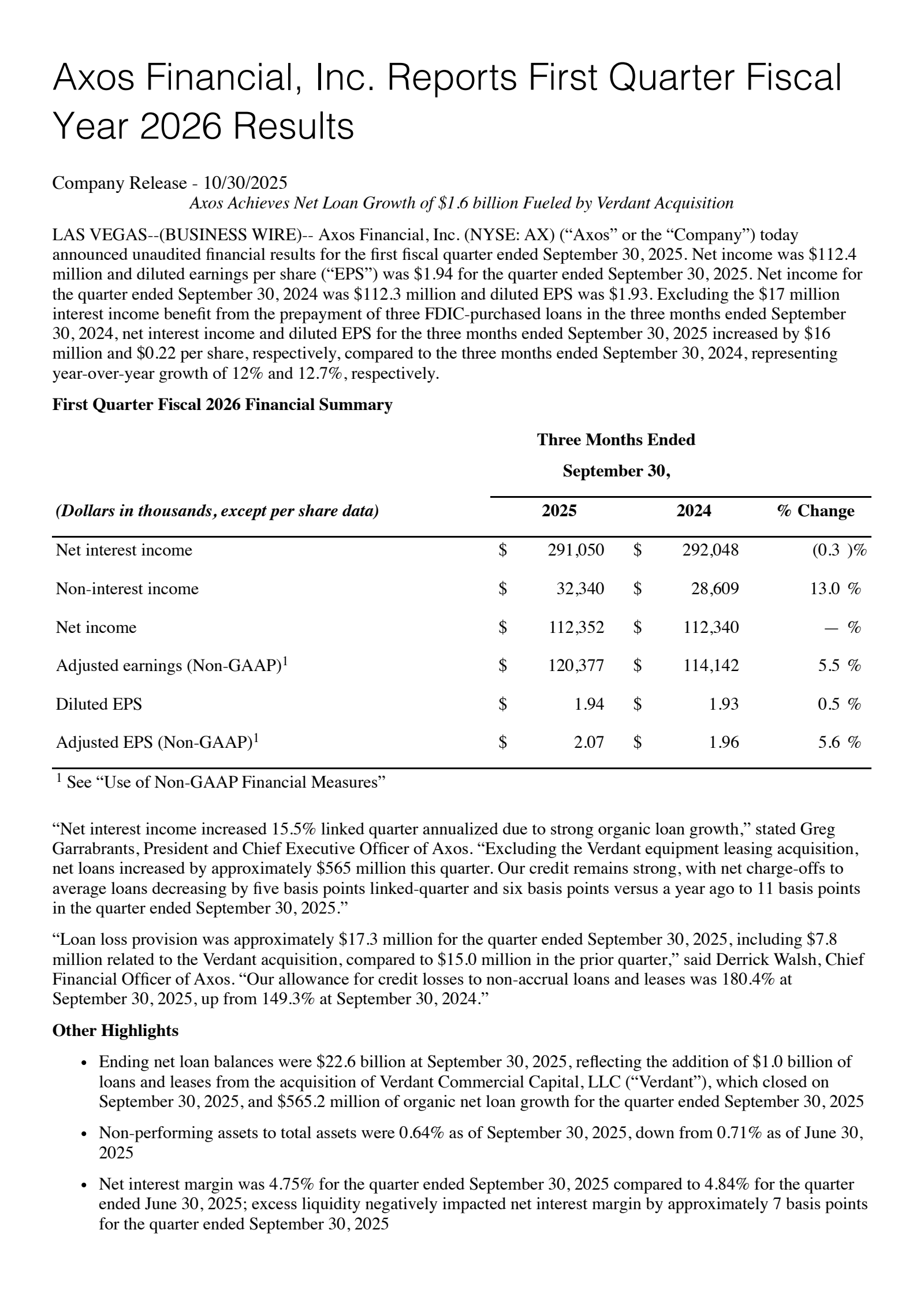 Axos Financial's Q1 2026 Earnings Release