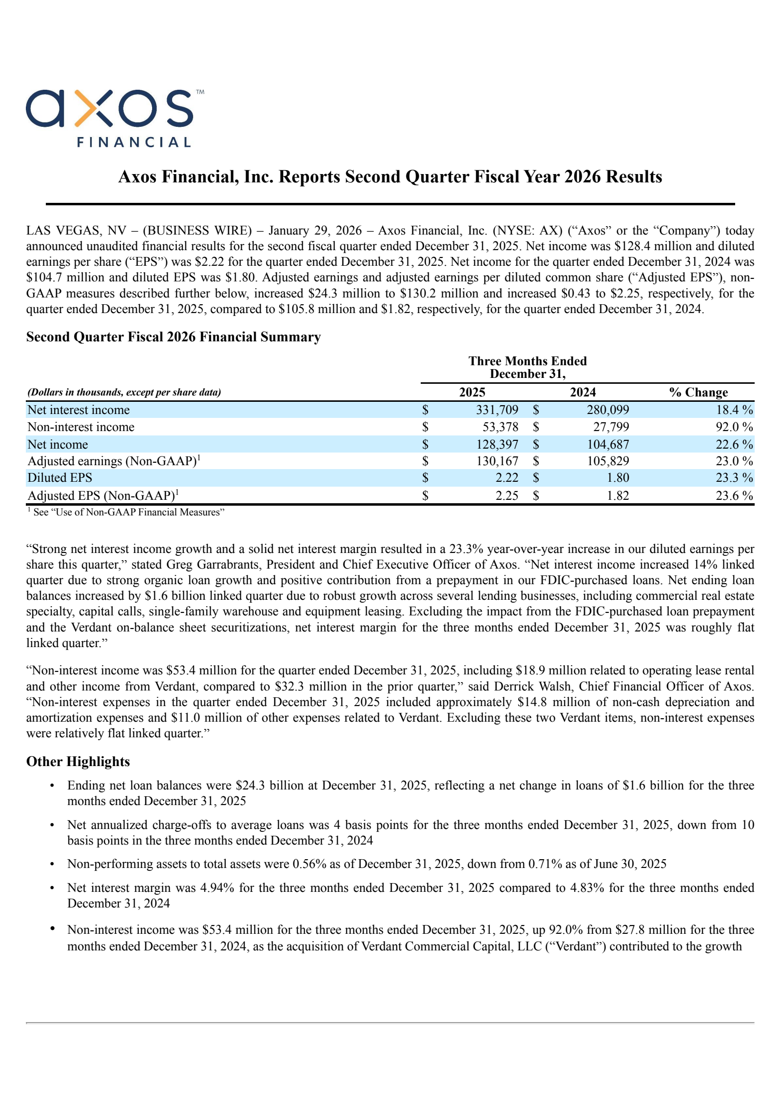 Axos Financial's Q2 2026 Press Release