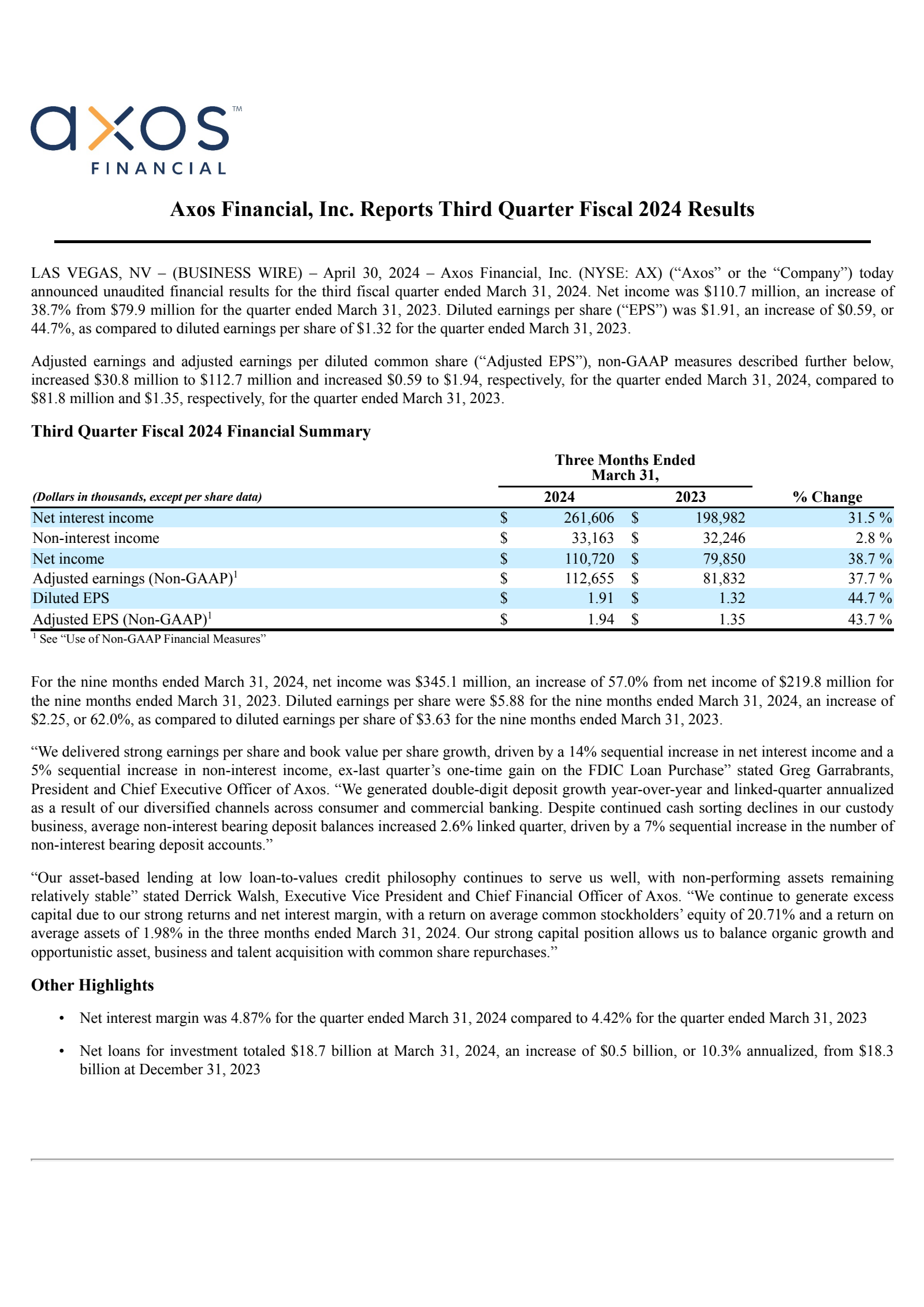 Axos Financial's Q3 2024 Press Release