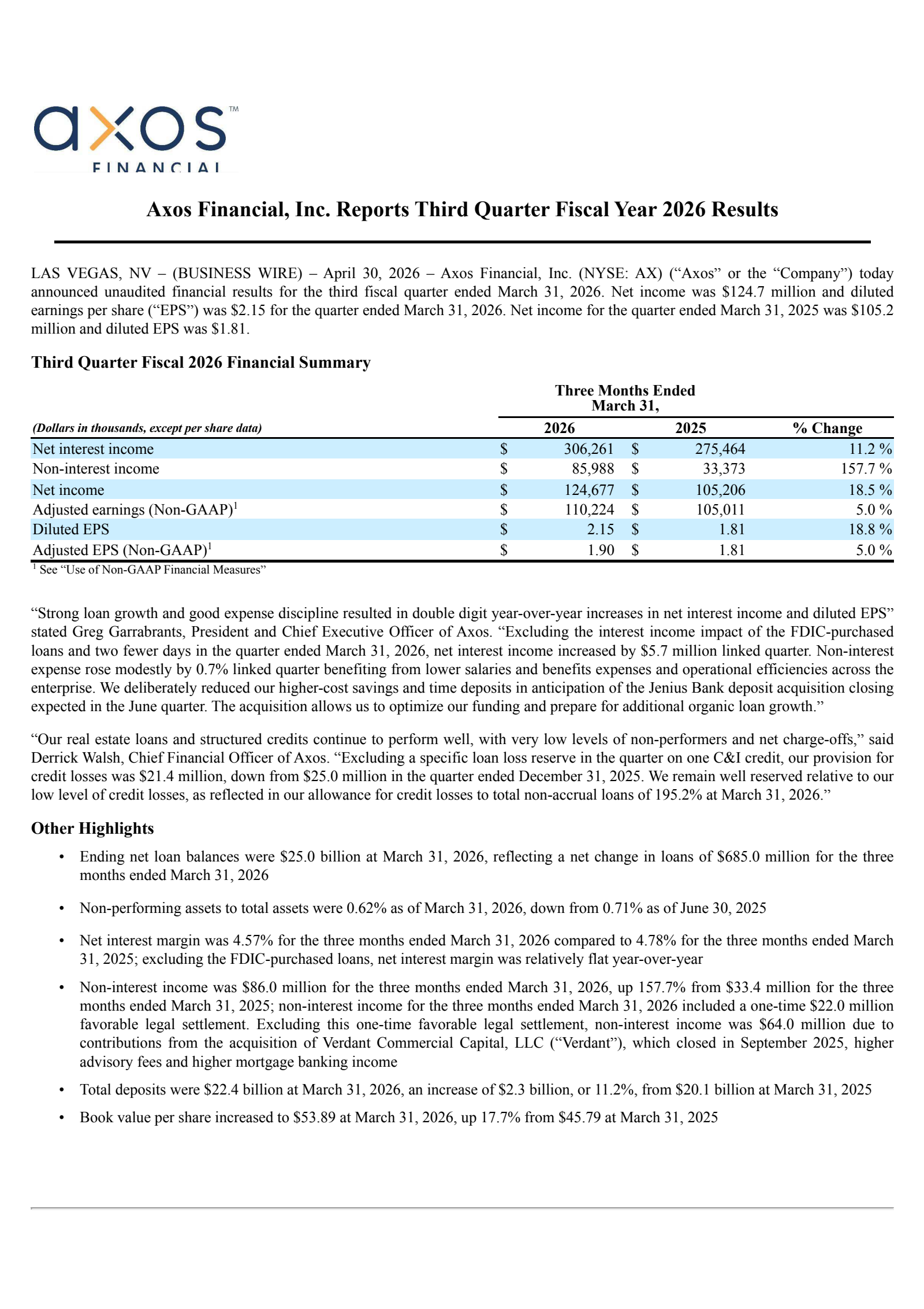 Axos Financial's Q3 2026 Press Release