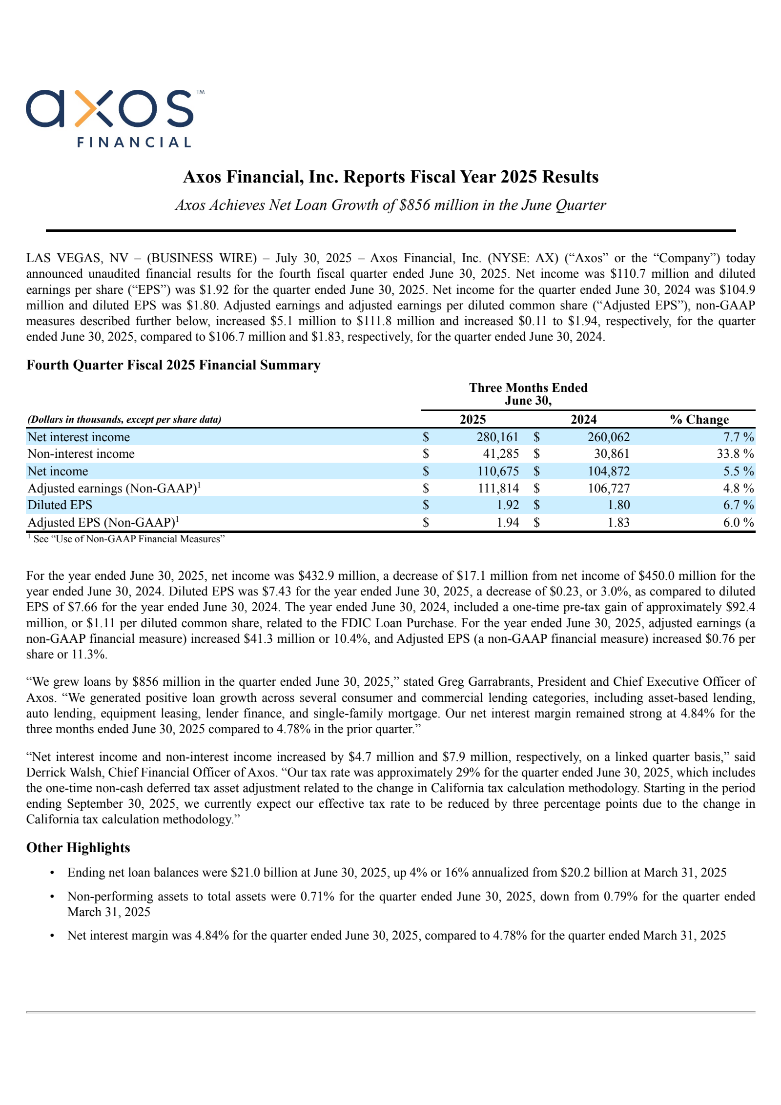 AXOS FINANCIAL's Q4 2025 Press Release