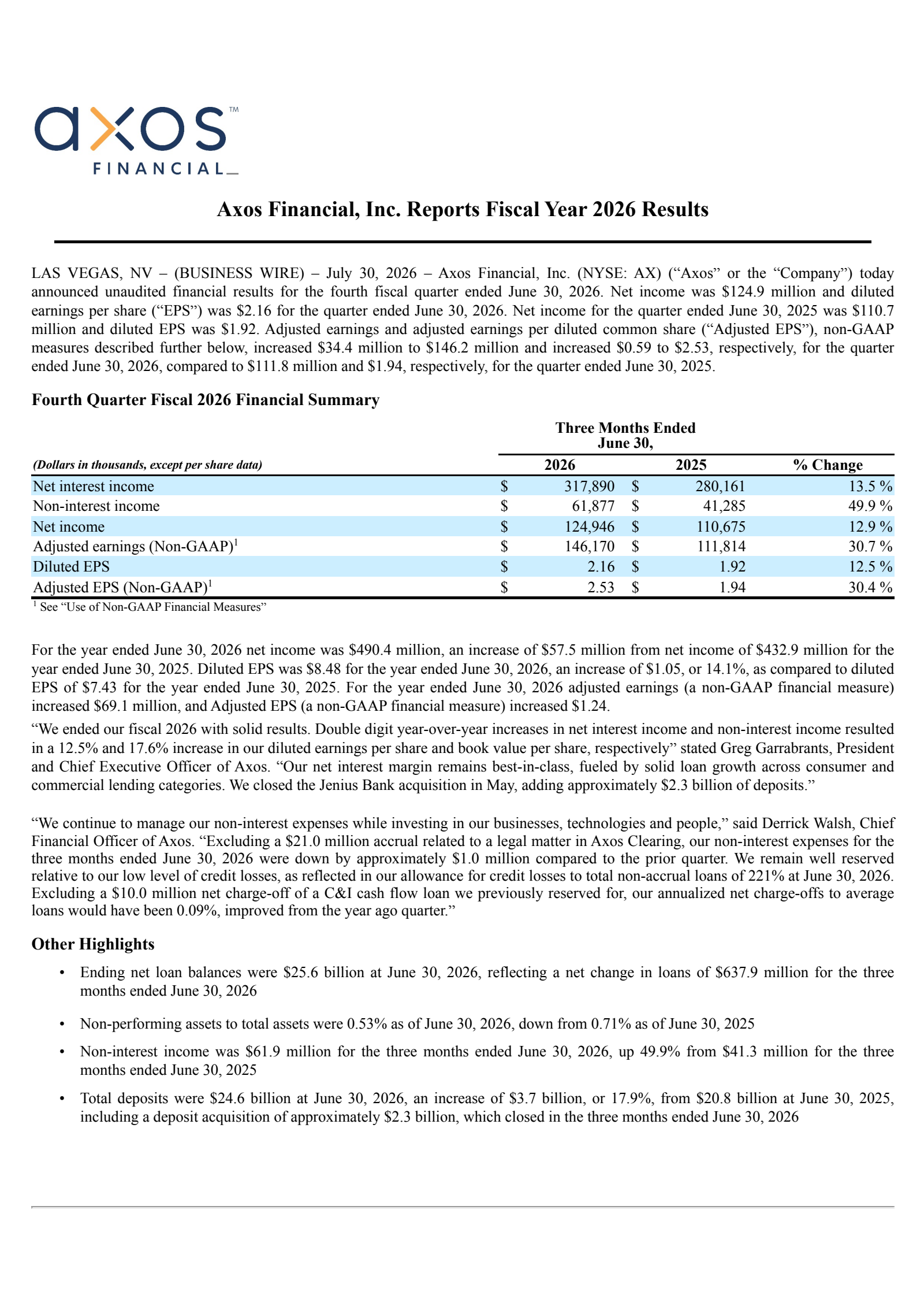 Axos Financial's Q4 2026 Press Release