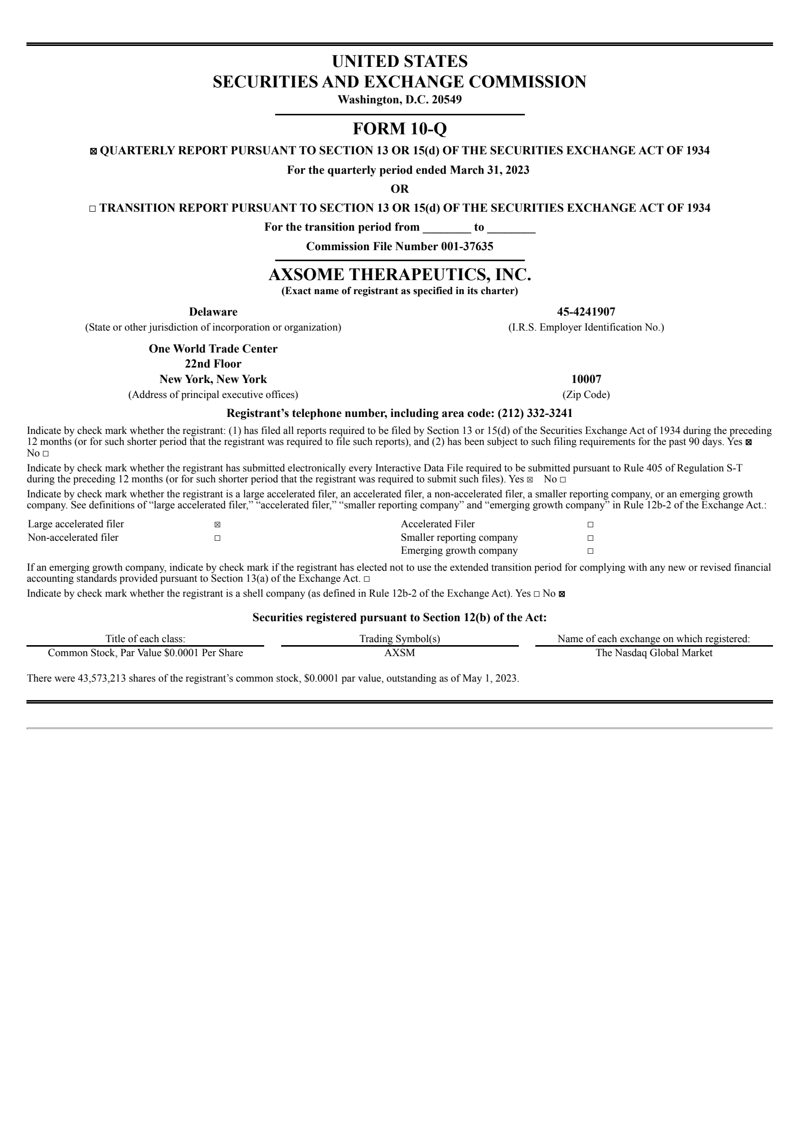 Axsome Therapeutics' Q1 2023 Quarterly report