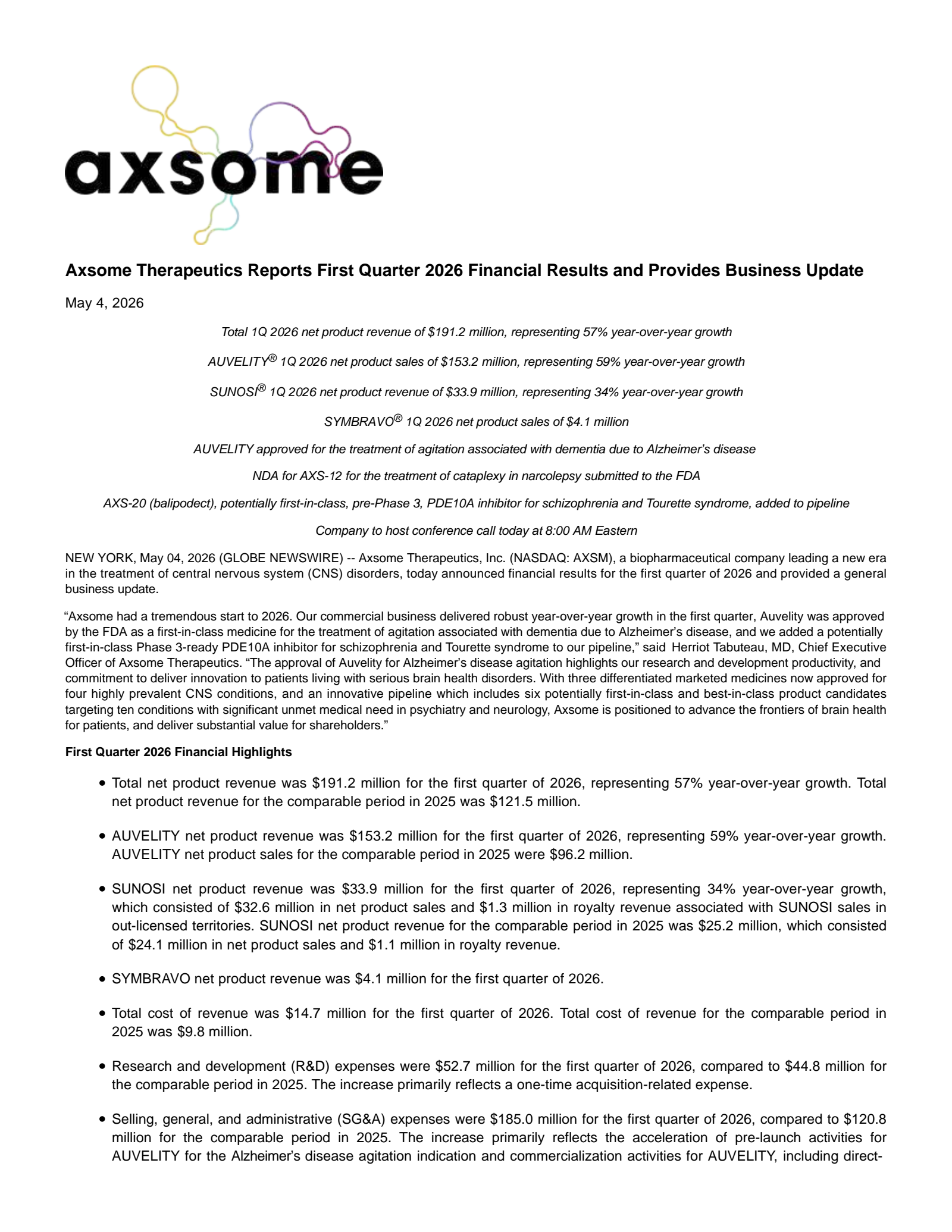 Axsome Therapeutics' Q1 2026 Press Release