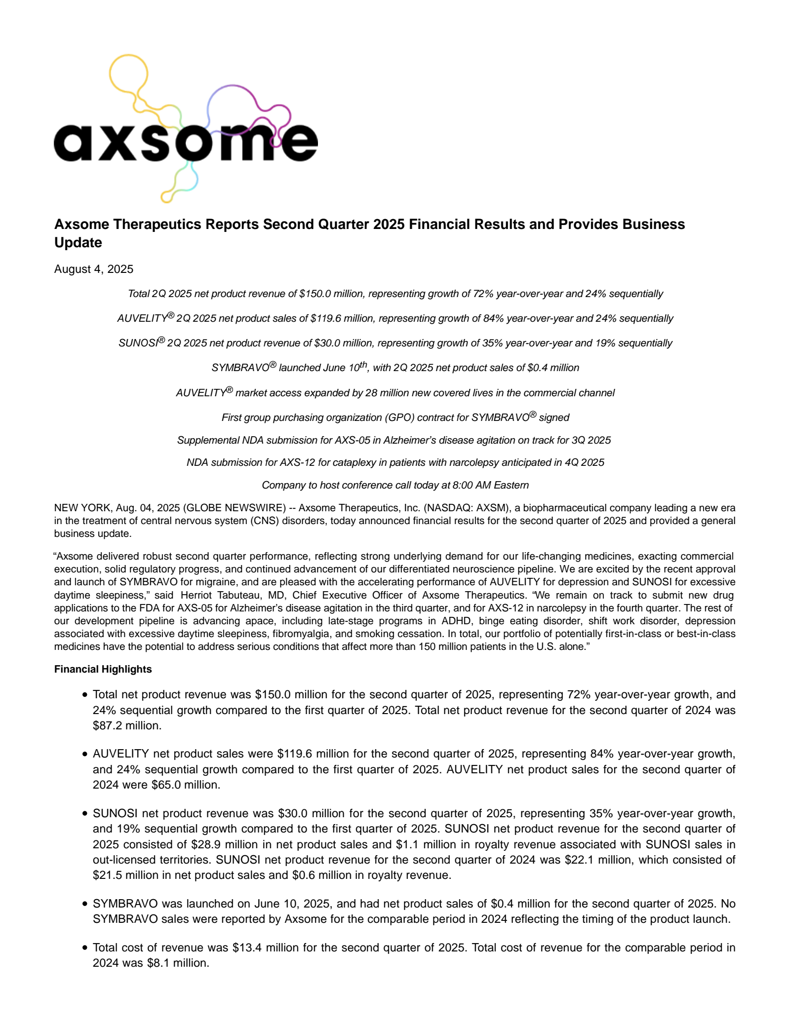 Axsome Therapeutics' Q2 2025 Press Release