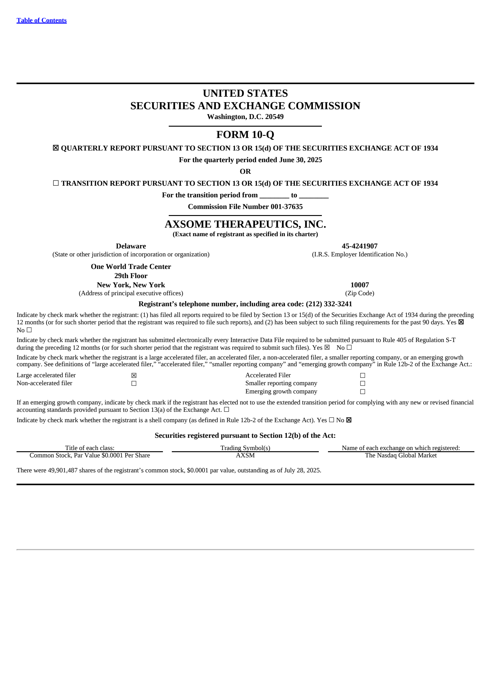 Axsome Therapeutics' Q2 2025 Quarterly report