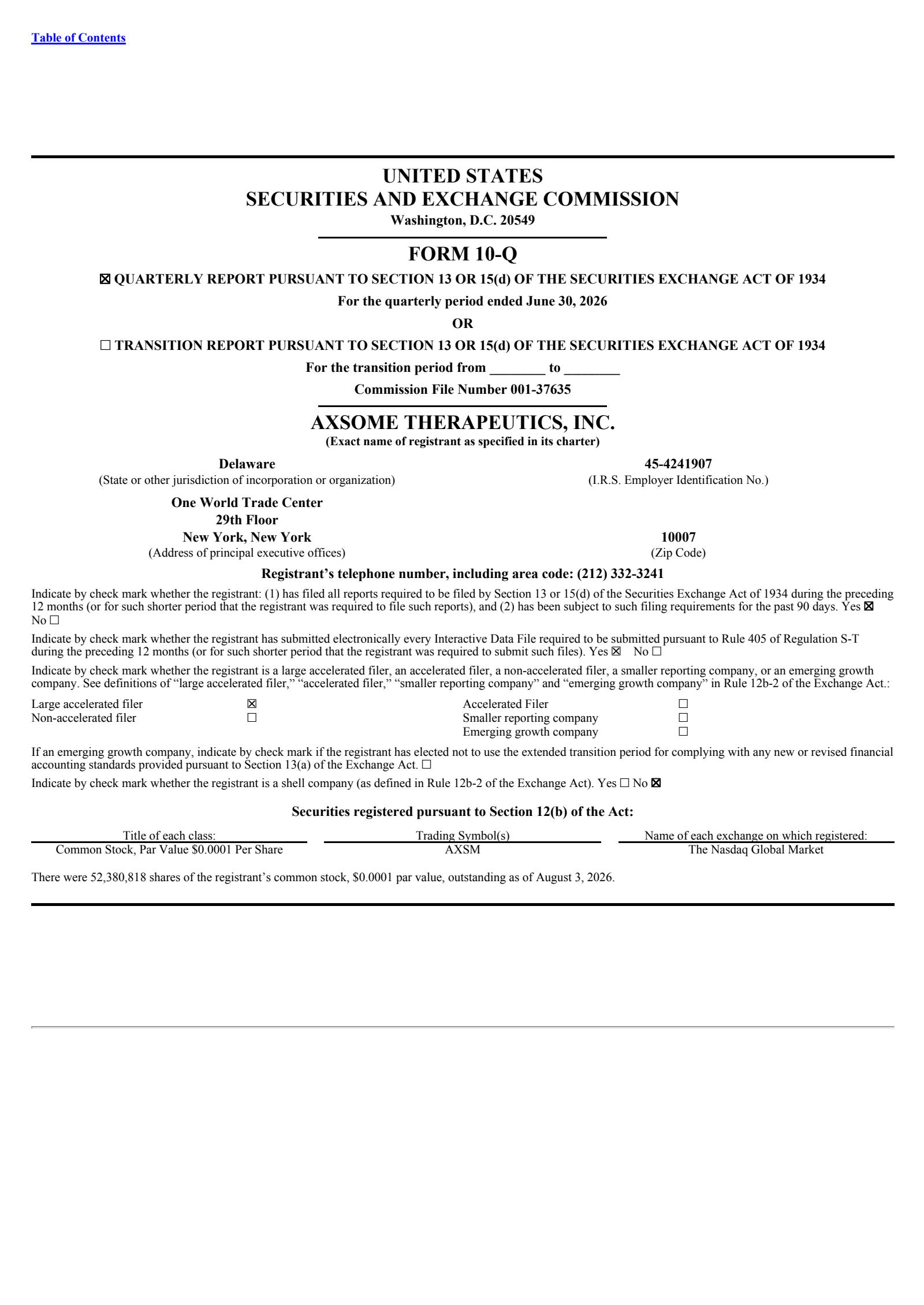 Axsome Therapeutics' Q2 2026 Quarterly report