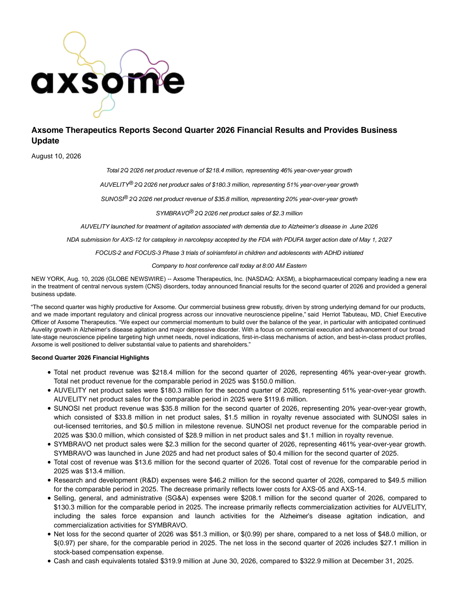 Axsome Therapeutics' Q2 2026 Press Release