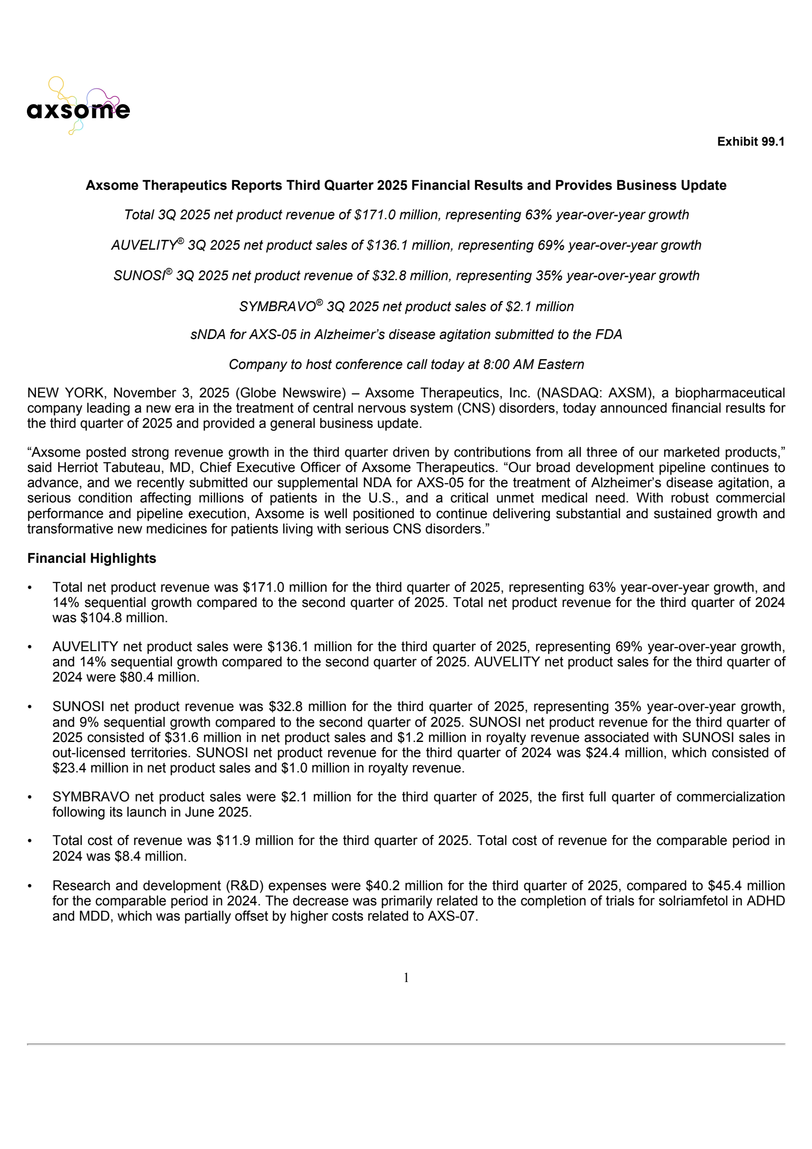 Axsome Therapeutics' Q3 2025 Earnings Release