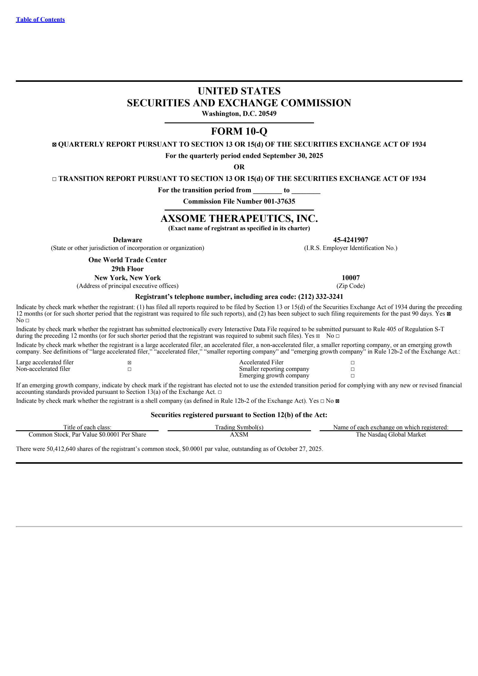 Axsome Therapeutics' Q3 2025 Quarterly Report