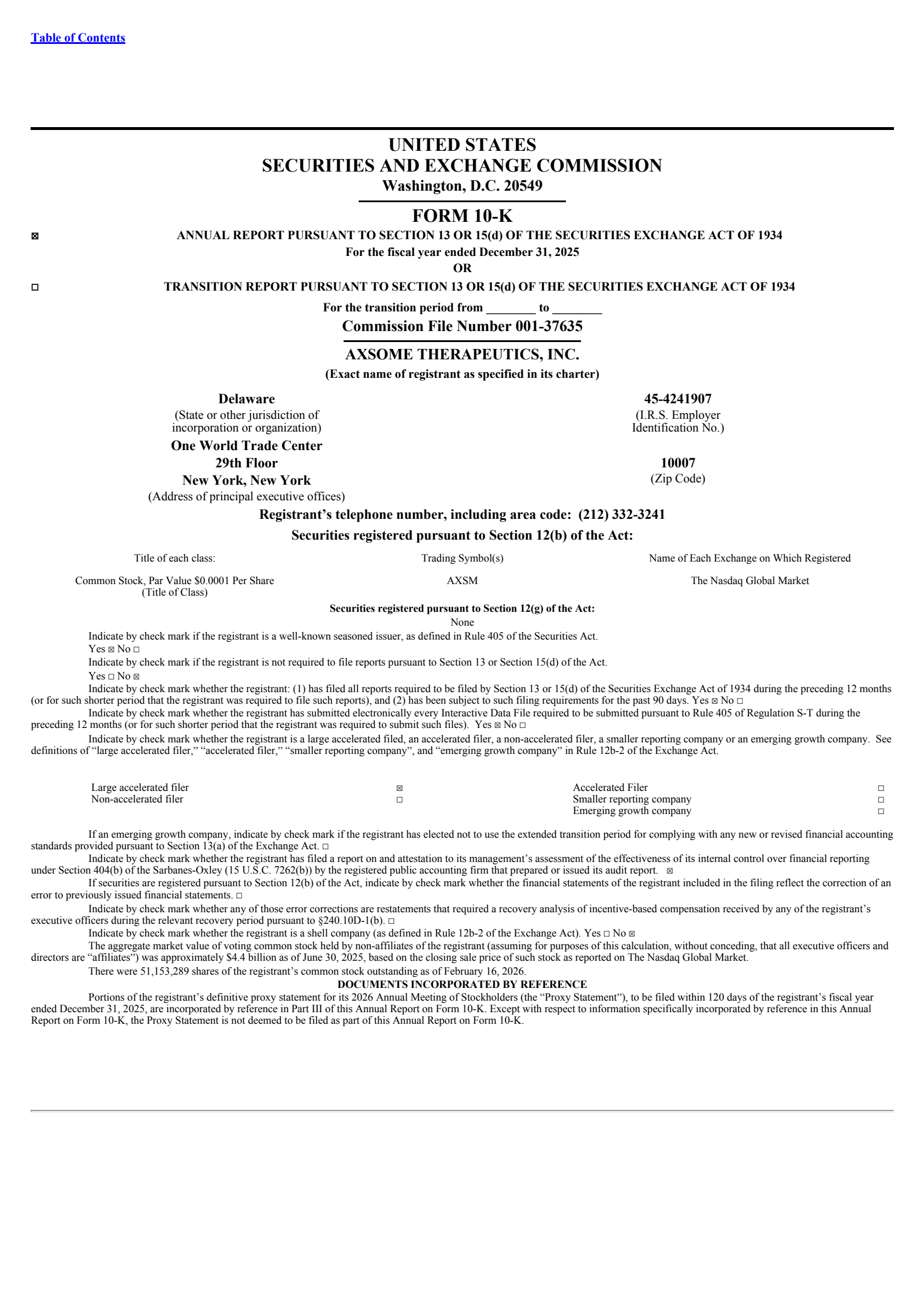 Axsome Therapeutics' Q4 2025 Annual report