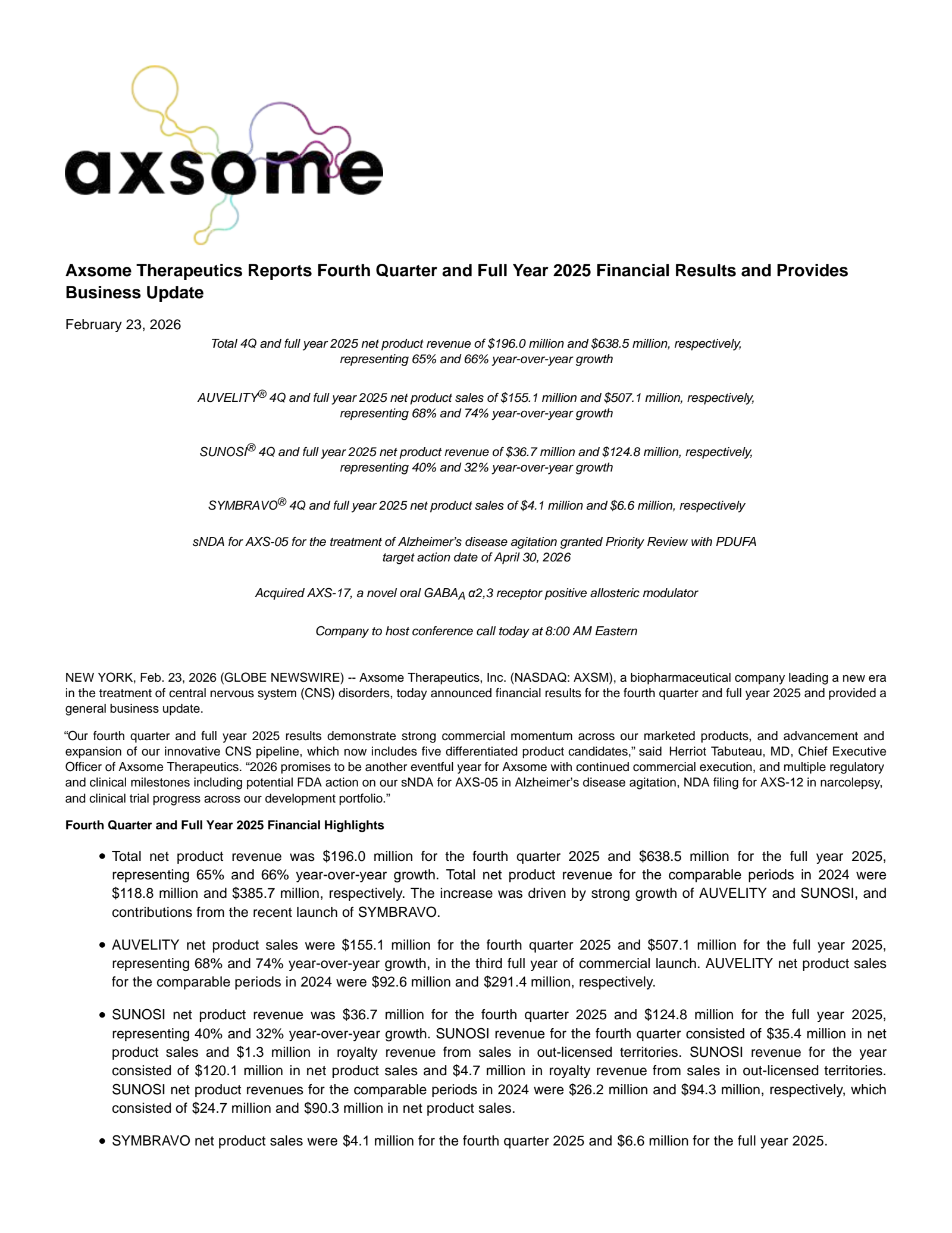 Axsome Therapeutics' Q4 2025 Press Release