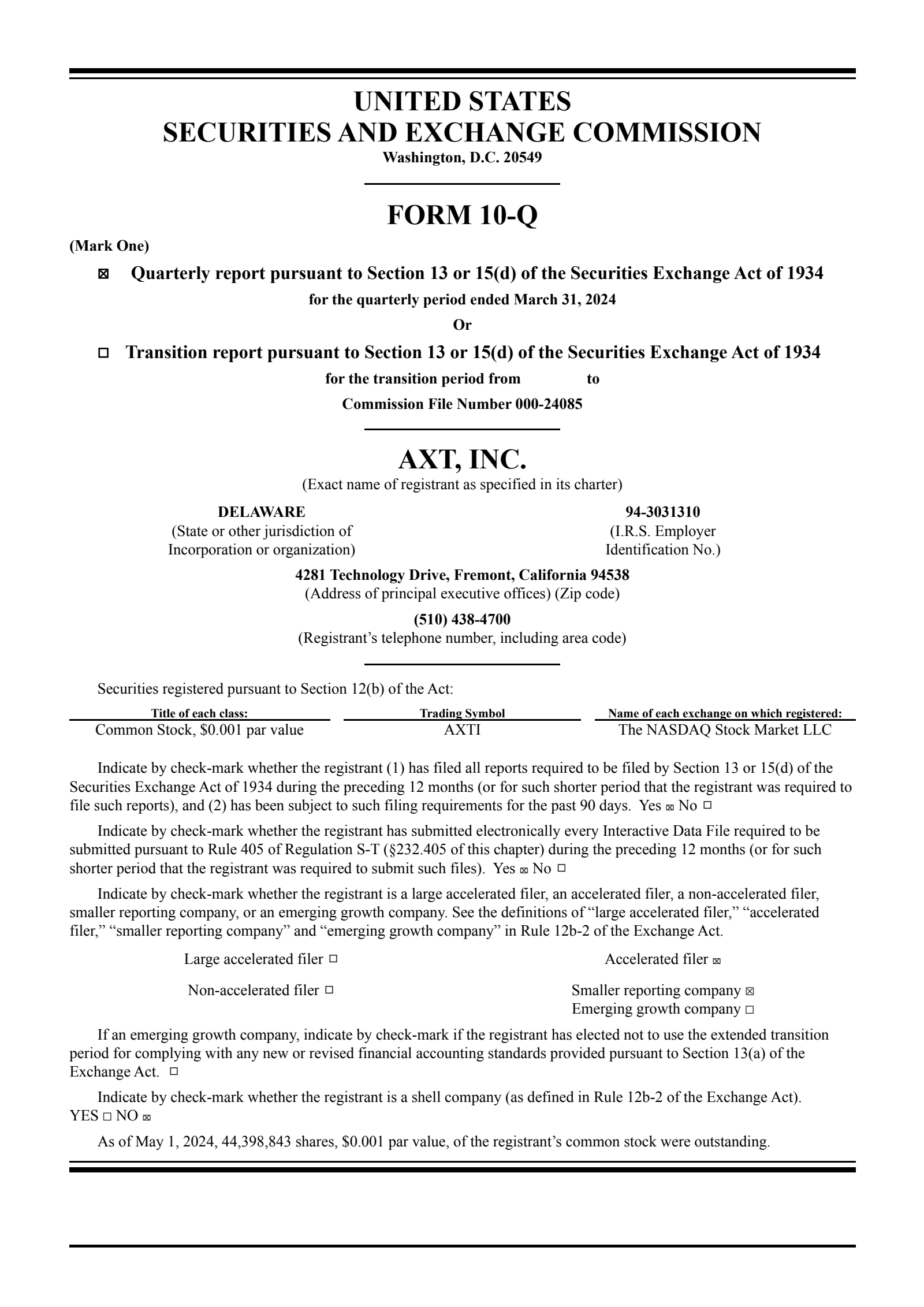 AXT's Q1 2024 Quarterly report