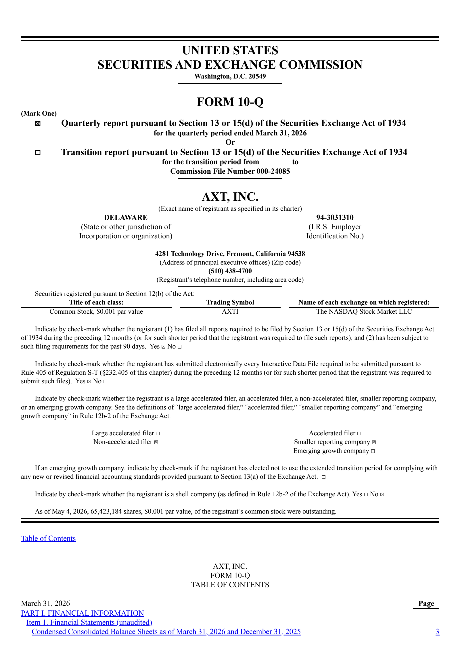 AXT's Q1 2026 Quarterly report