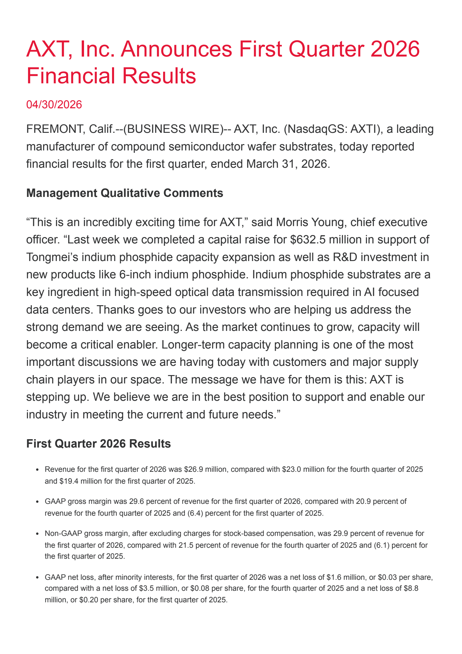 AXT's Q1 2026 Press Release
