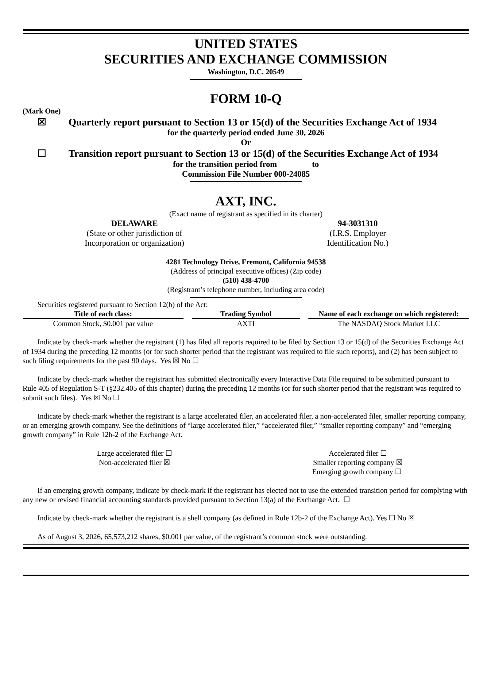 AXT's Q2 2026 Quarterly report