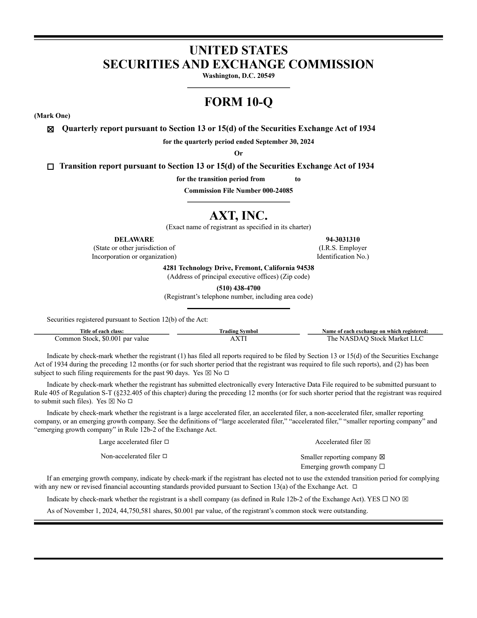 AXT's Q3 2024 Quarterly Report